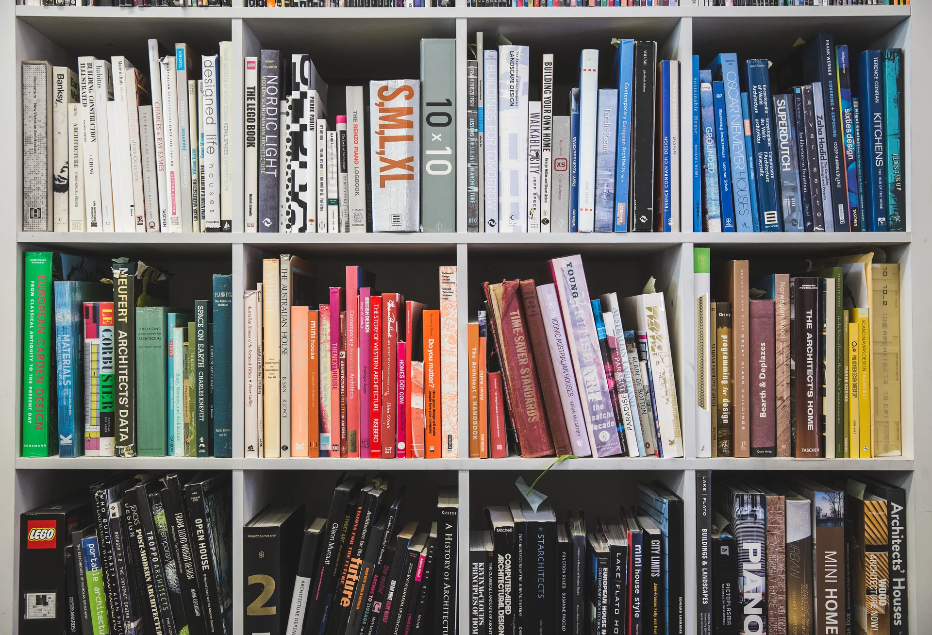 Bookshelf of colourful architecture books