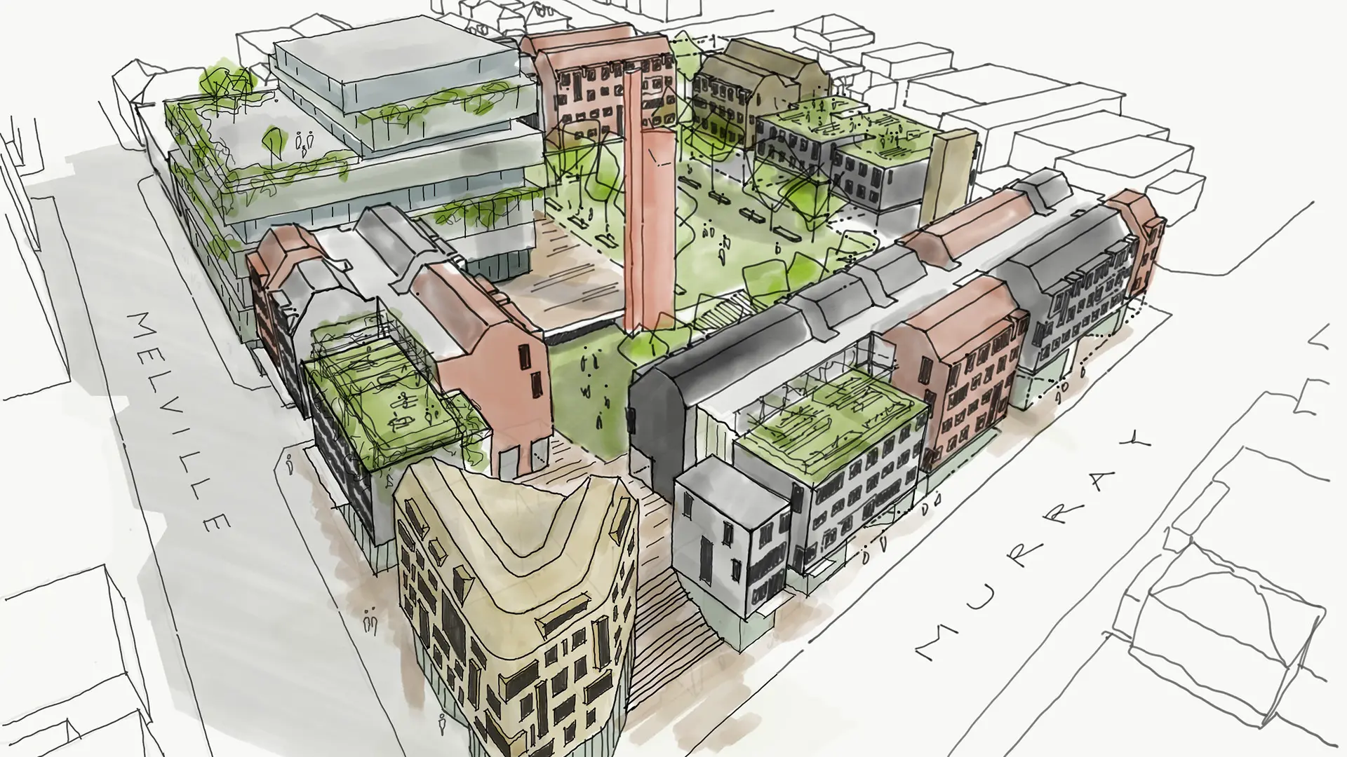 A hand-drawn architectural sketch of a city block development, featuring green rooftop gardens, mixed-use buildings, and a central public plaza.