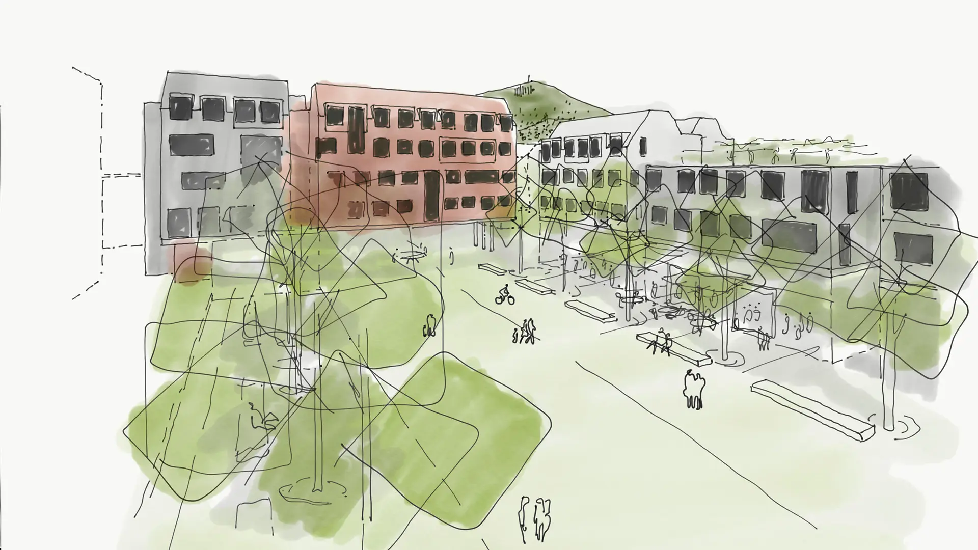 An eye-level architectural sketch of a pedestrian plaza with trees, benches, and simplified multi-story buildings, featuring a mountain in the background.