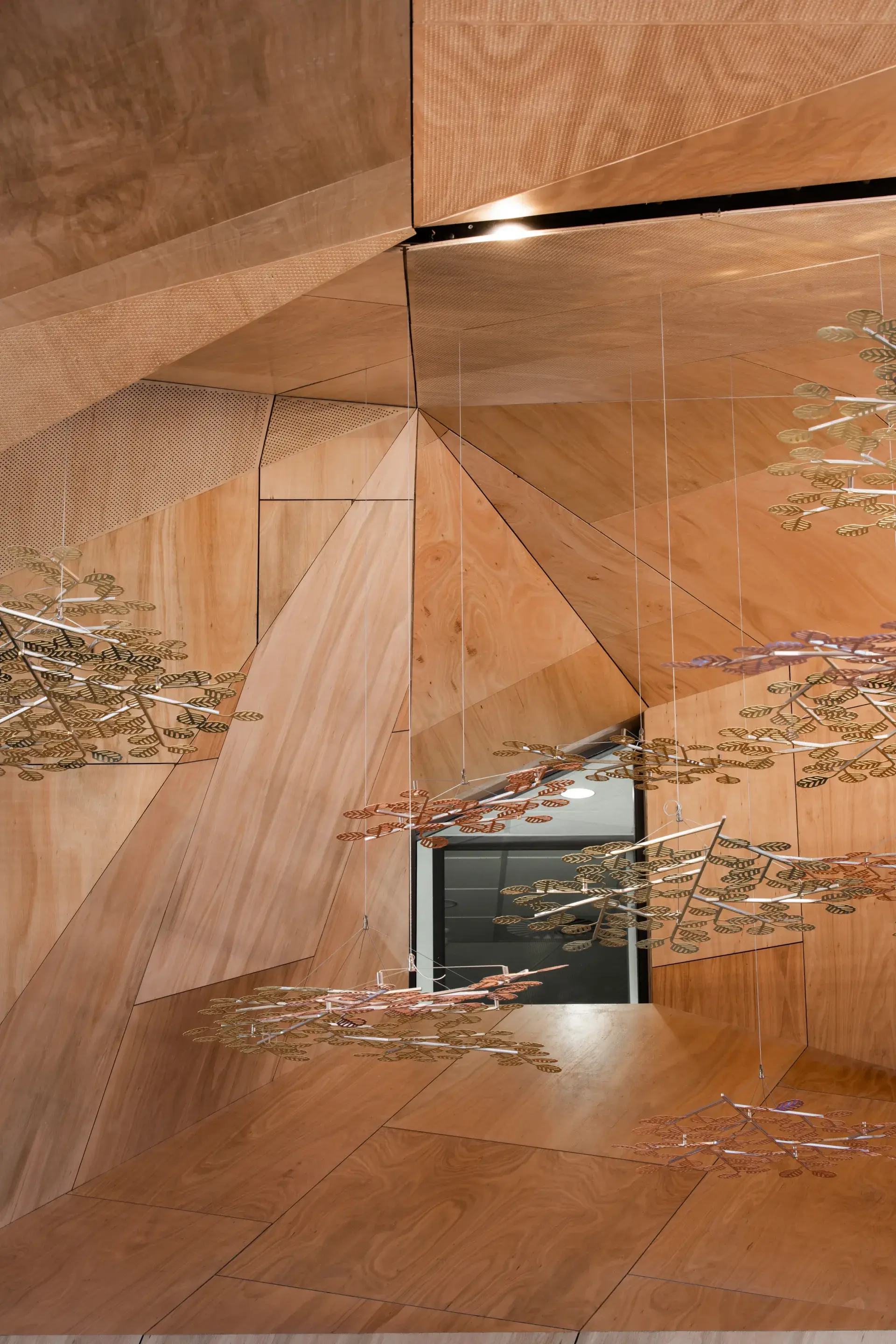 A suspended brass fagus canopy at the Cradle Mountain Visitor Centre.