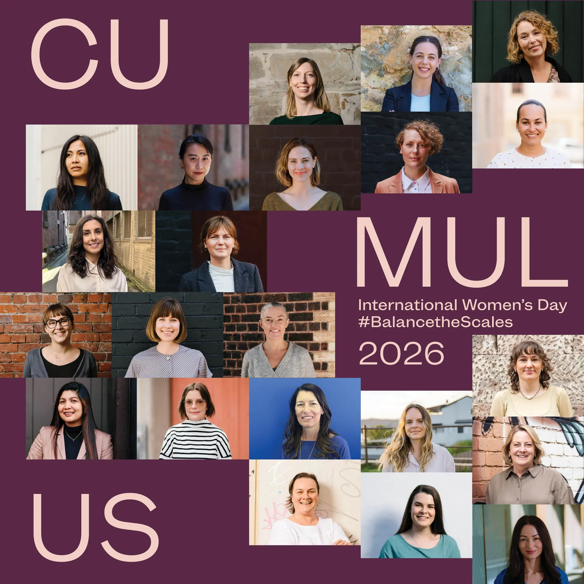 A collage of women from across Cumulus Studio arranged around the words “Cumulus – International Women’s Day 2026 #BalanceTheScales”.