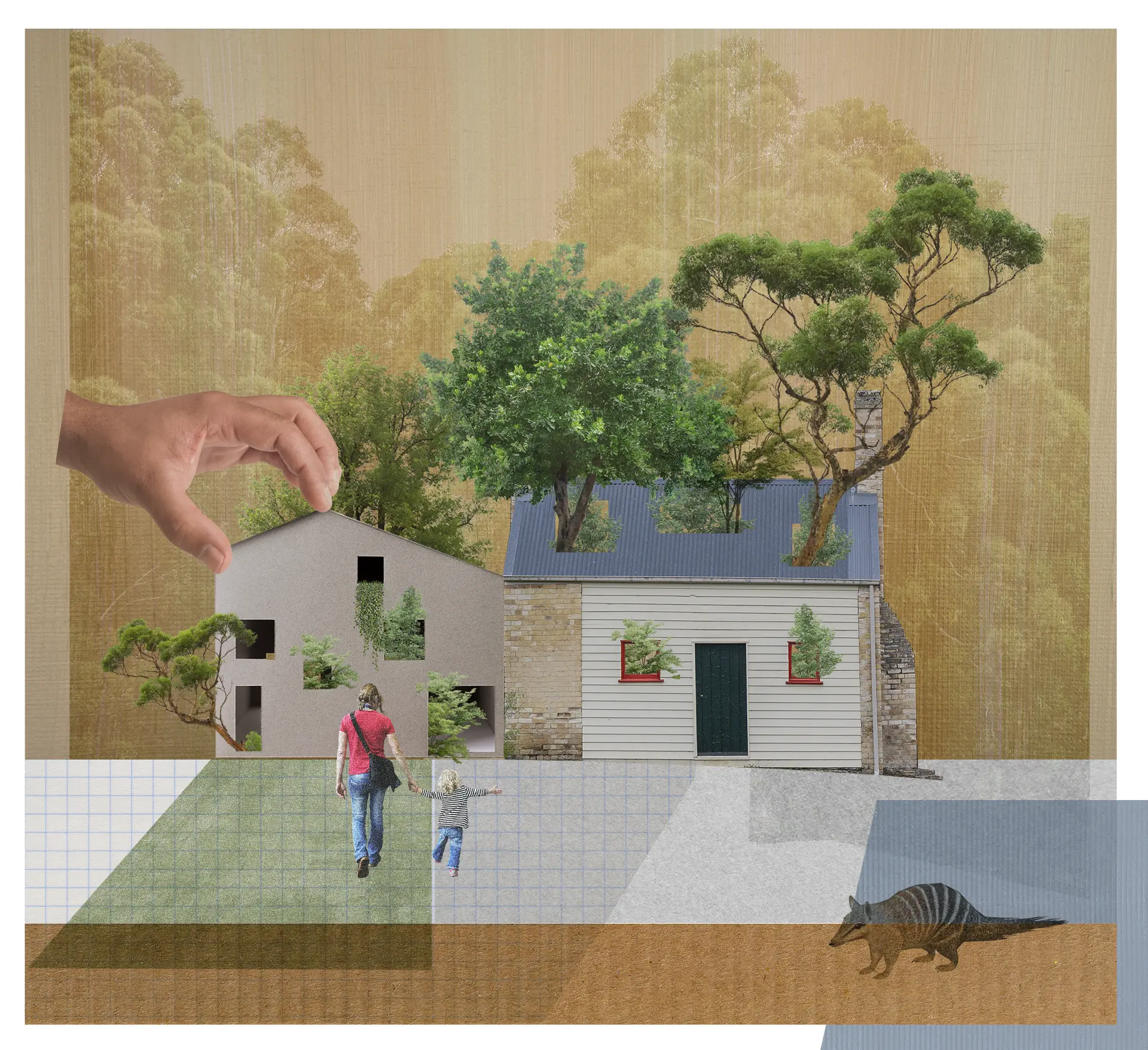 An architectural collage that represent the concept of "Integrated Landscapes" from the Medium Density Design Guidelines, emphasising a dreamlike harmony between human habitation, native flora, and extinct or local fauna.