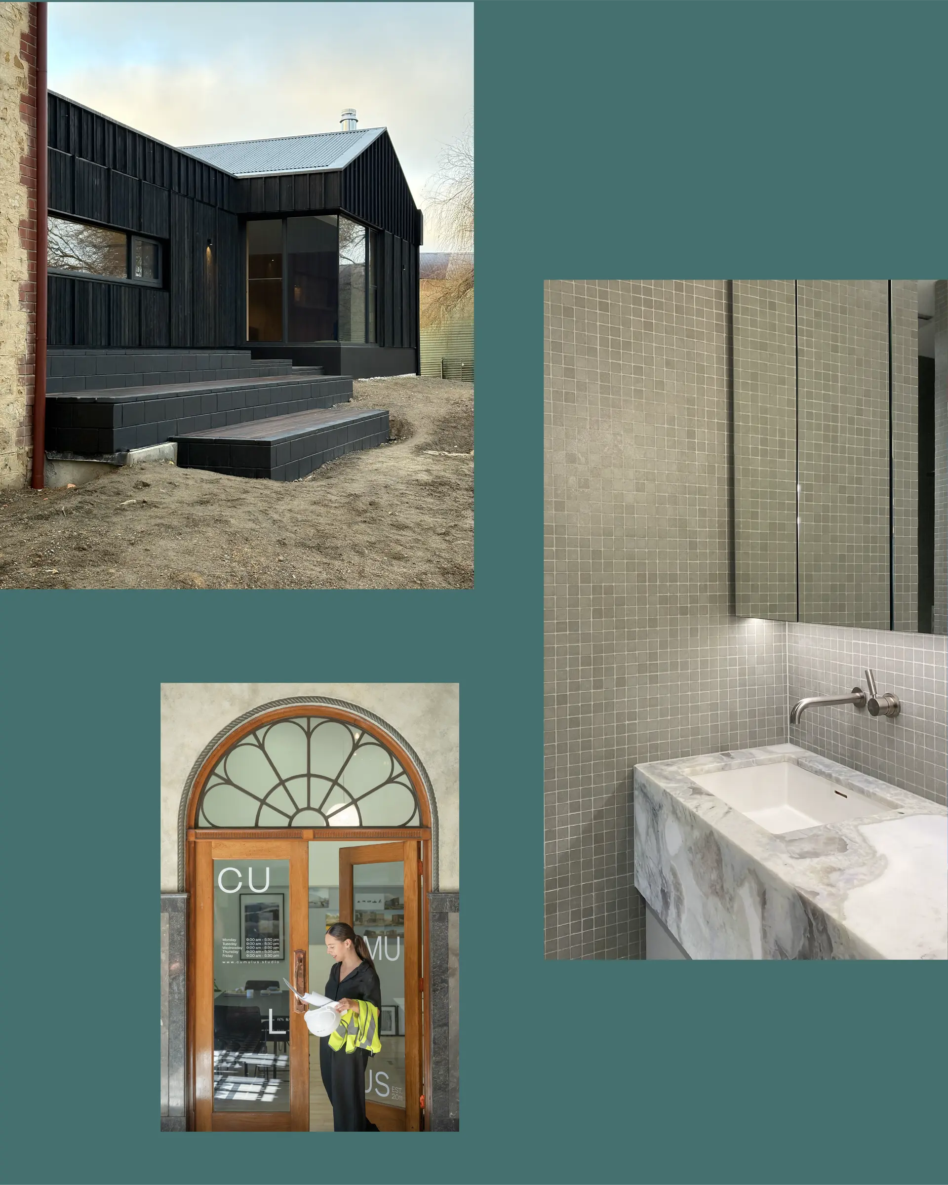 A collage of photos from the Adelaide studio, featuring Mylor house, characterised by its charred timber facade, and Anastasia standing at the doors of our Adelaide office, large glass arch-top doors with Cumulus logo overlay and timber framing.