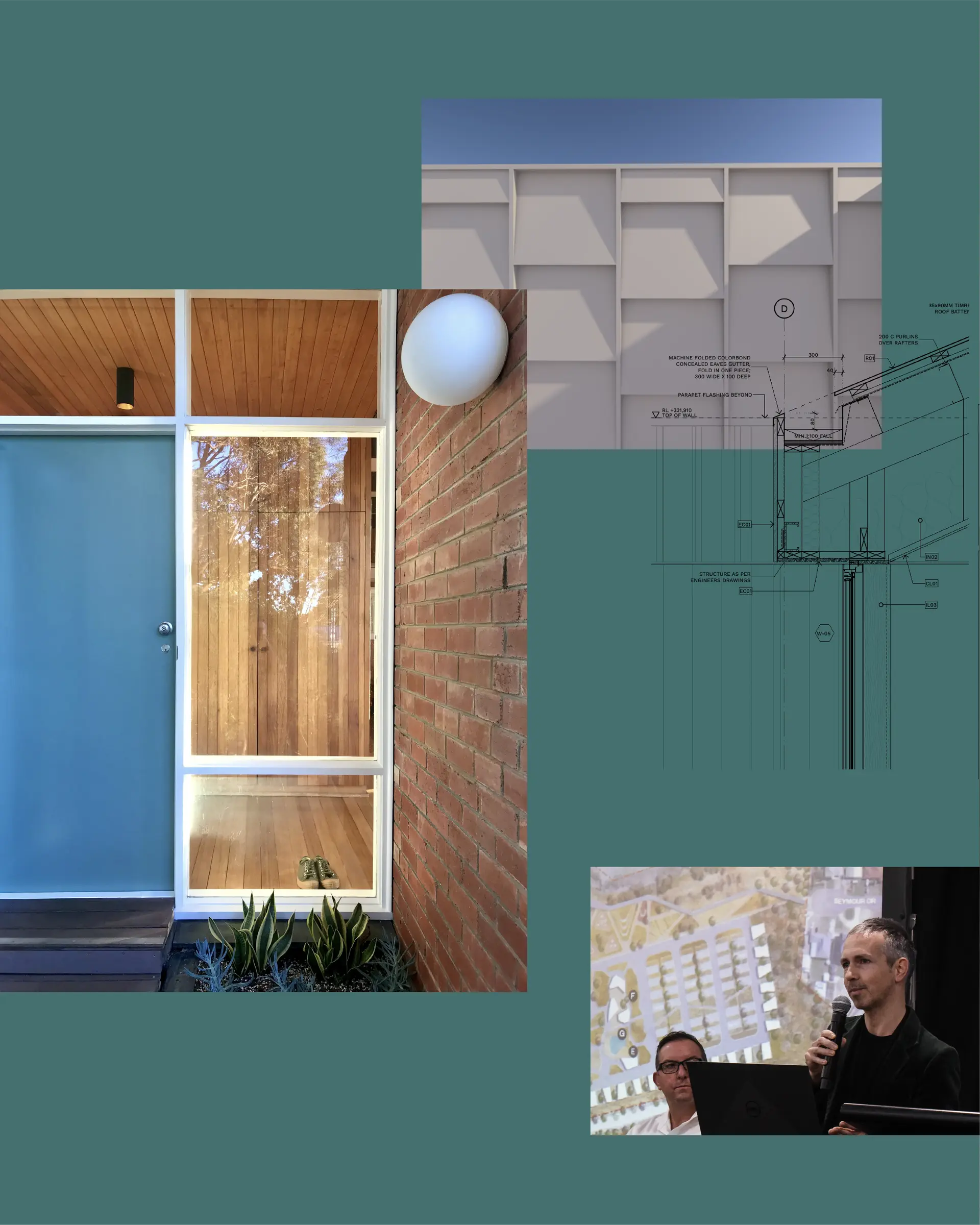 The collage continues, with glimpses of Cape Willoughby's panelled facade, Jet giving a speech at a SA tourism conference, eave details and Jet's Midcentury house entrance