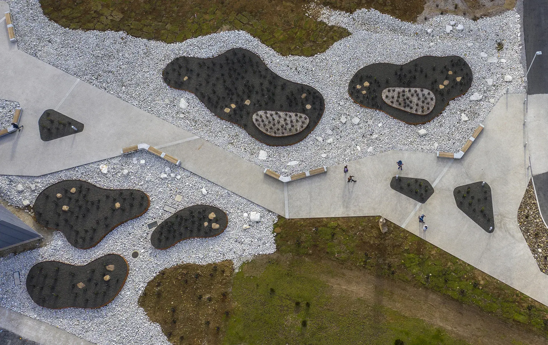 Aerial view of Cradle Mountain Visitor Gateway landscape with angular concrete pathways weaving through planted gravel beds and organic garden forms, with small groups of people walking through the site.