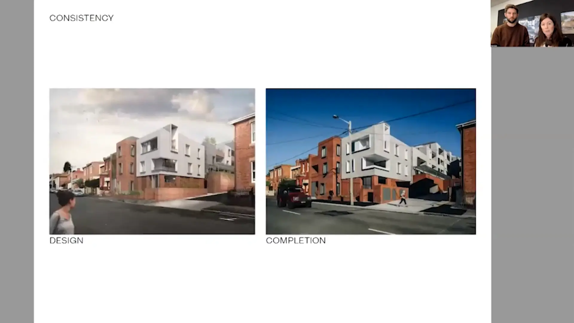 A screenshot of Claire and Keith's presentation, showing side by side imagery of the render and final outcome of Goulburn St Housing. The outcome looks identical to the imaged visualisation.