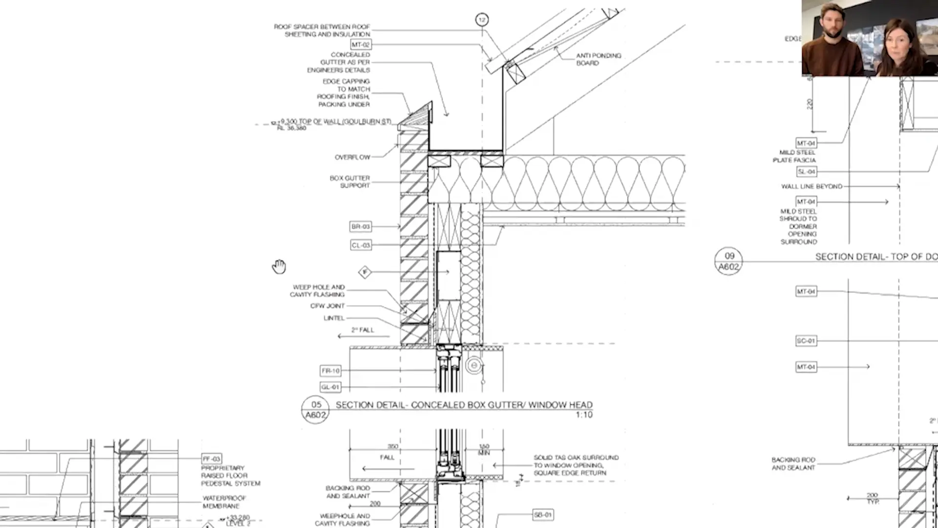 Claire and Keith present detail sections of the project to students, including that of the concealed box gutter / window head at 1:10 scale.