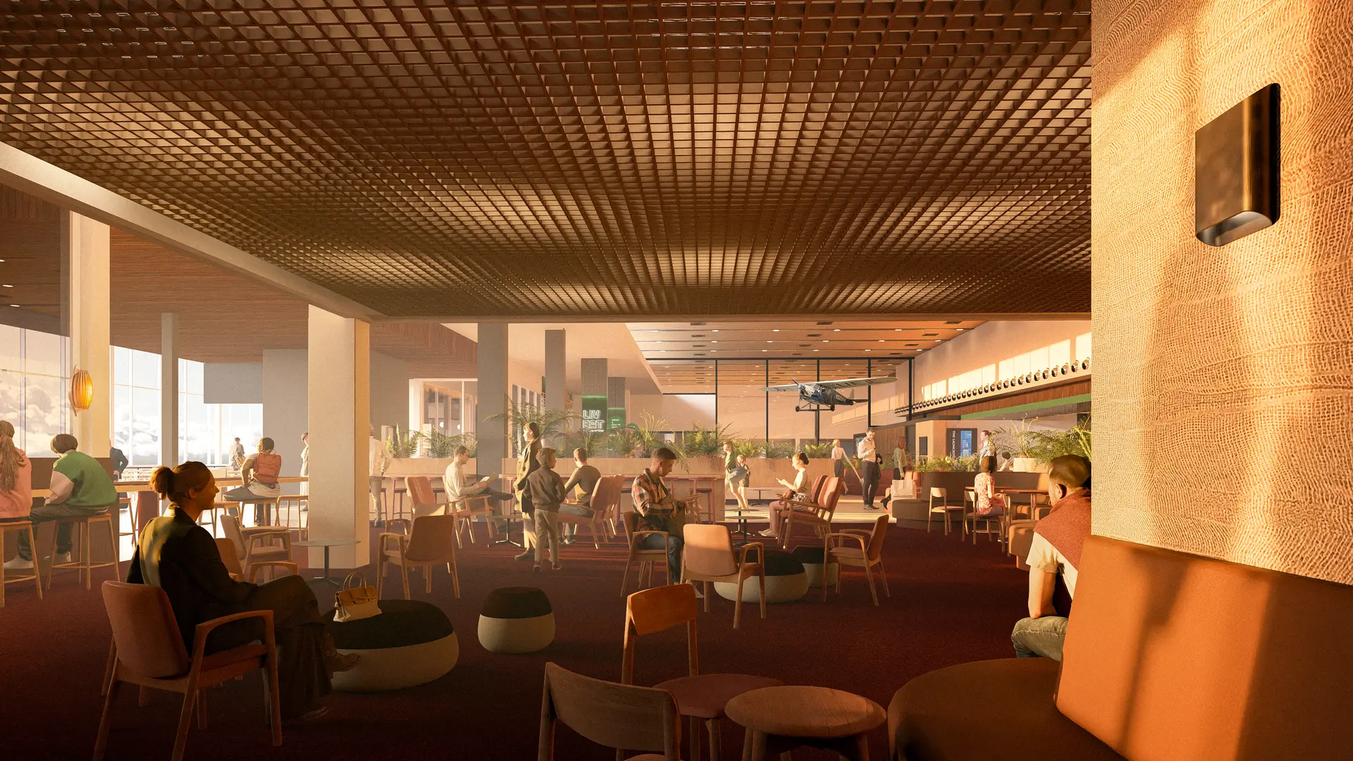 An architectural rendering of a warm, sunlit airport lounge featuring a grid-patterned wooden ceiling, mid-century modern furniture, and a vintage airplane suspended in the distance.