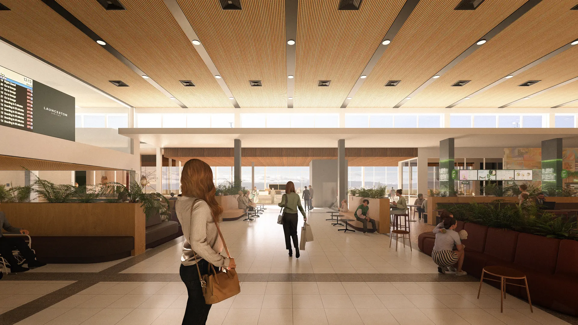 An architectural rendering of a bright, spacious airport terminal at Launceston Airport, featuring slatted timber ceilings, integrated indoor greenery, and people walking through a modern passenger lounge.