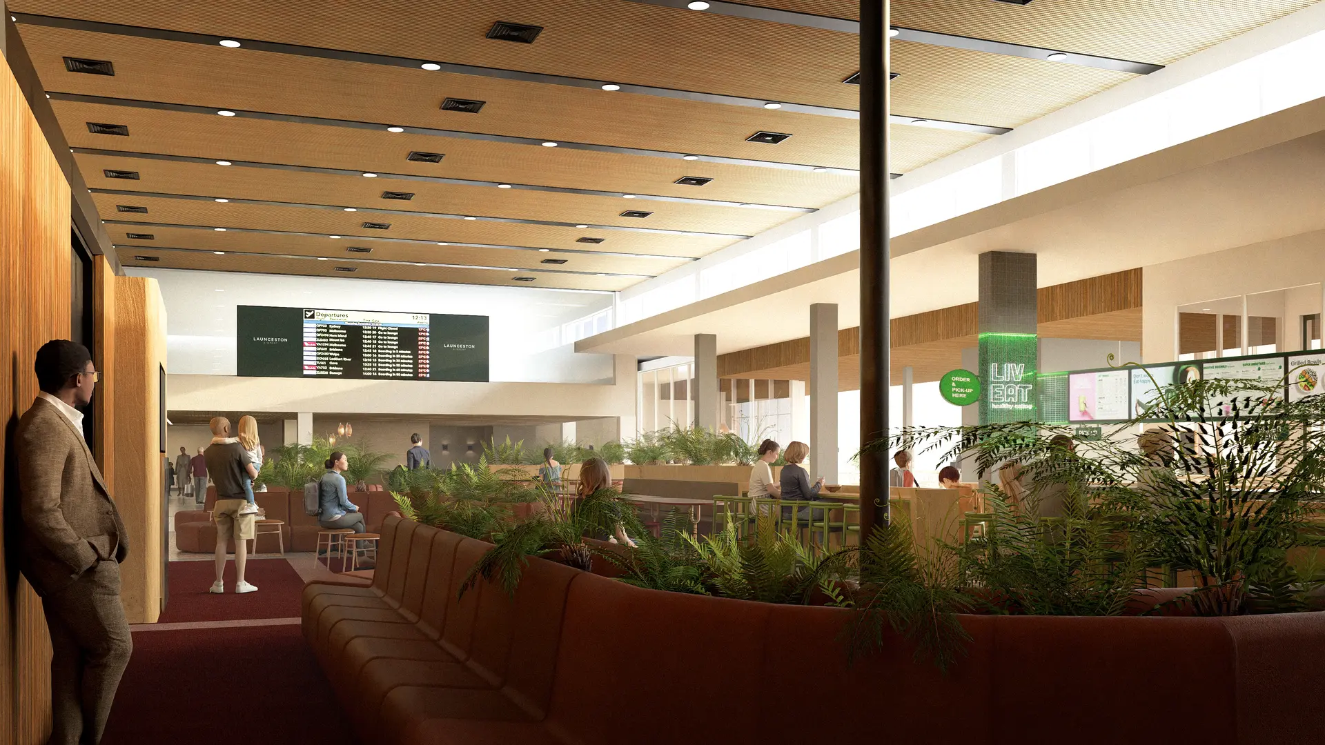 An architectural rendering of the departures lounge at Launceston Airport, showcasing terraced seating with lush ferns, warm timber accents, and a digital flight board in the background.