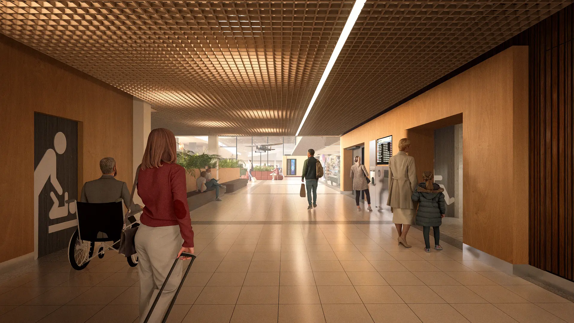 An architectural rendering of an airport corridor at Launceston Airport, featuring a coffered wooden grid ceiling, timber wall paneling, and clear signage for accessible facilities and parent rooms.