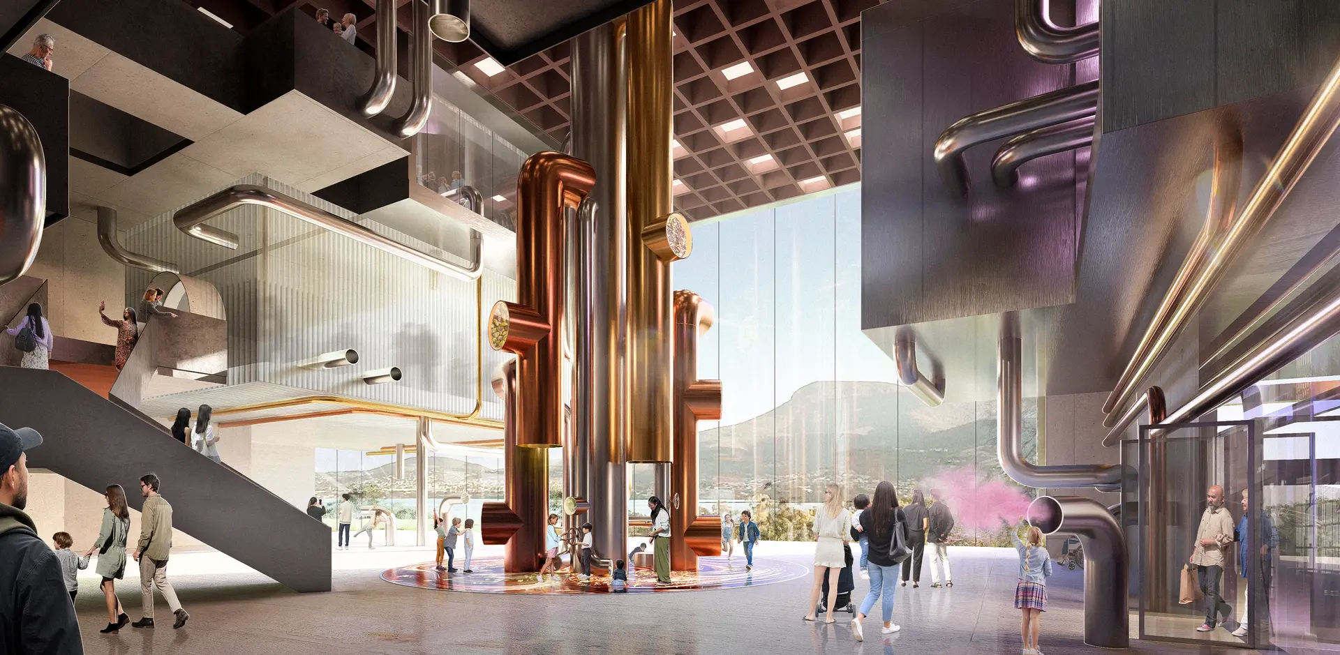 An architectural rendering of the new vibrant indoor discovery centre at Cadbury featuring large, polished copper and steel pipes as interactive installations, with families exploring the space against a backdrop of mountains visible through floor-to-ceiling windows.