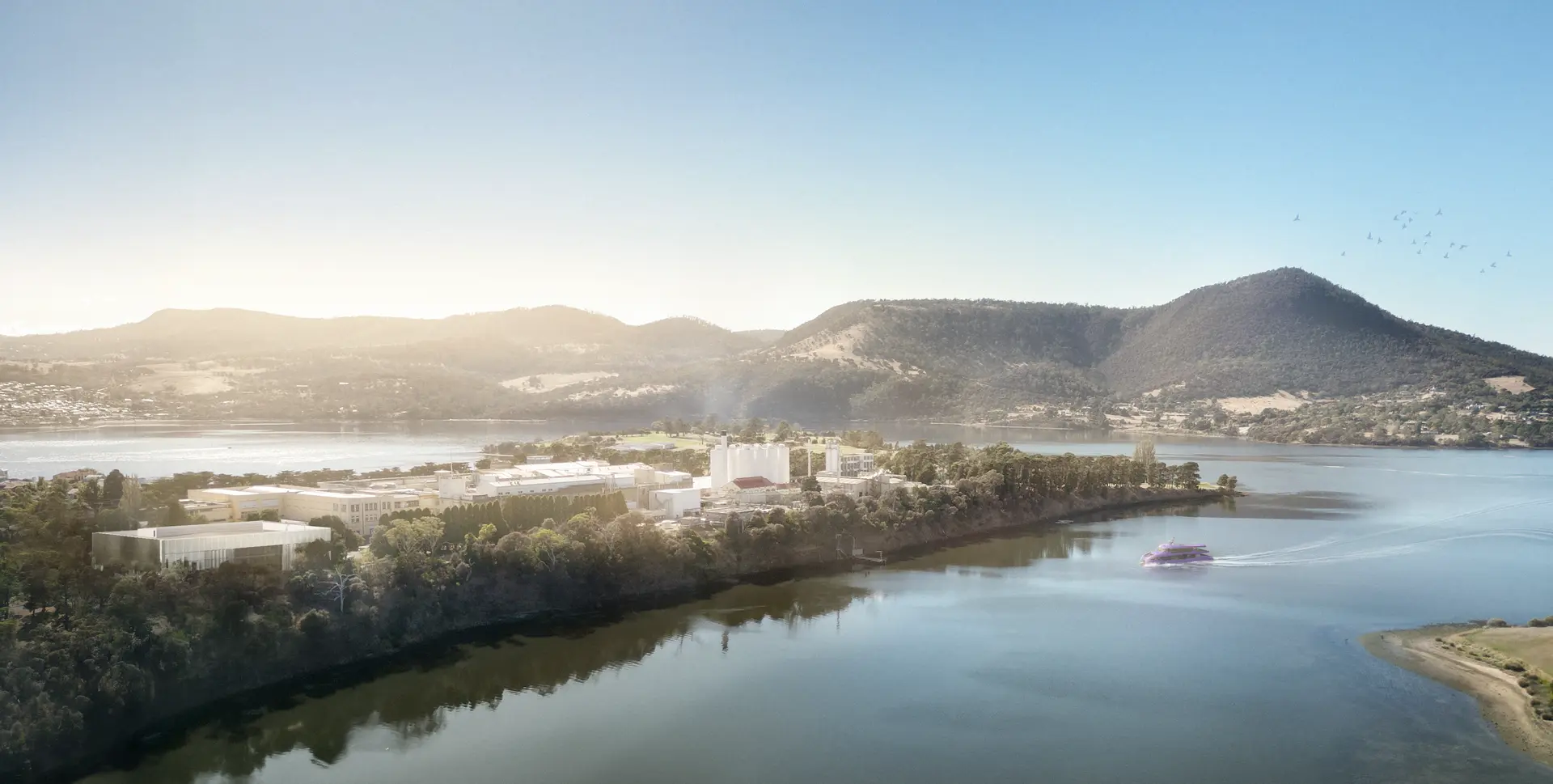 An illustration of the new centre and purple coloured river ferry, from an aerial perspective alongside the Cadbury factory.