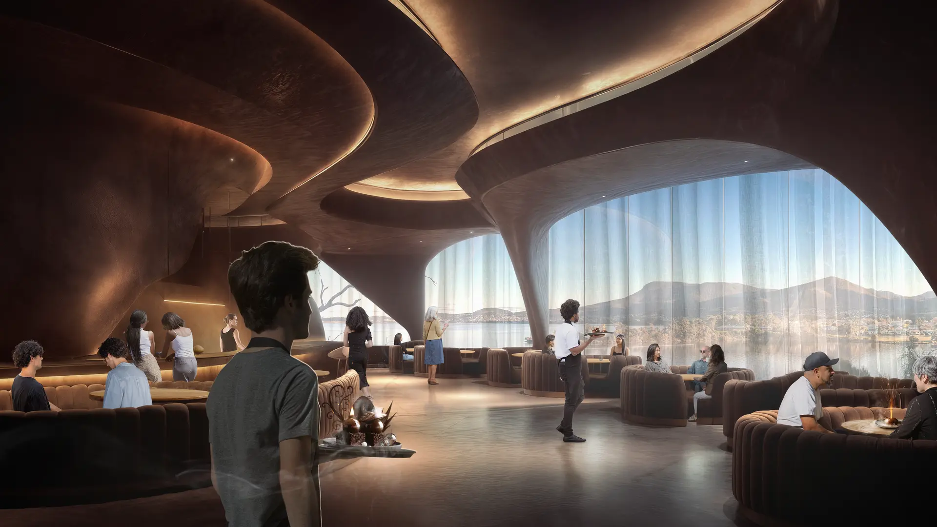 An architectural rendering of a luxury lounge with organic, flowing cave-like ceilings and plush circular booths, offering patrons a panoramic view of a river and mountains through massive glass walls.