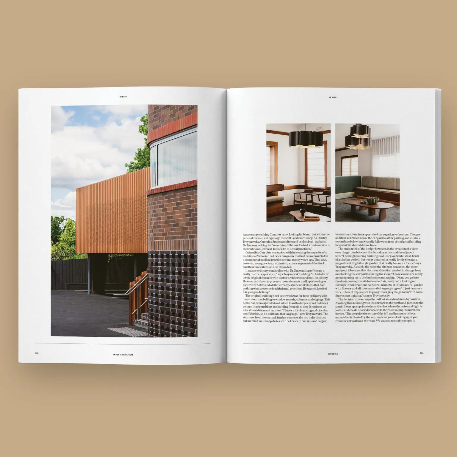 An open magazine spread from INDESIGN showing further details of the Dr Daniel Tan dental practice.