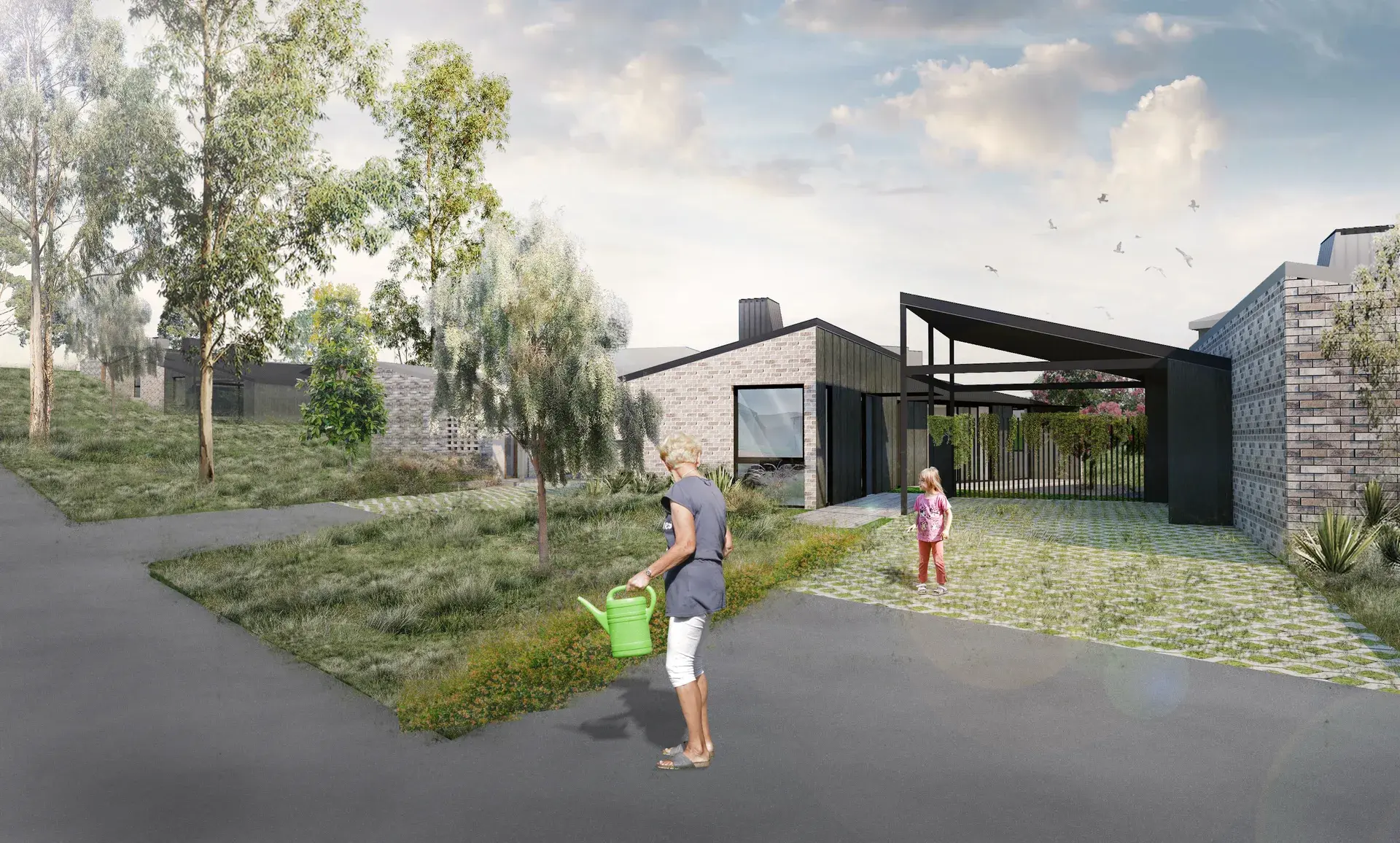 A street view of a singular dwelling amongst the Oak Rise Housing project.