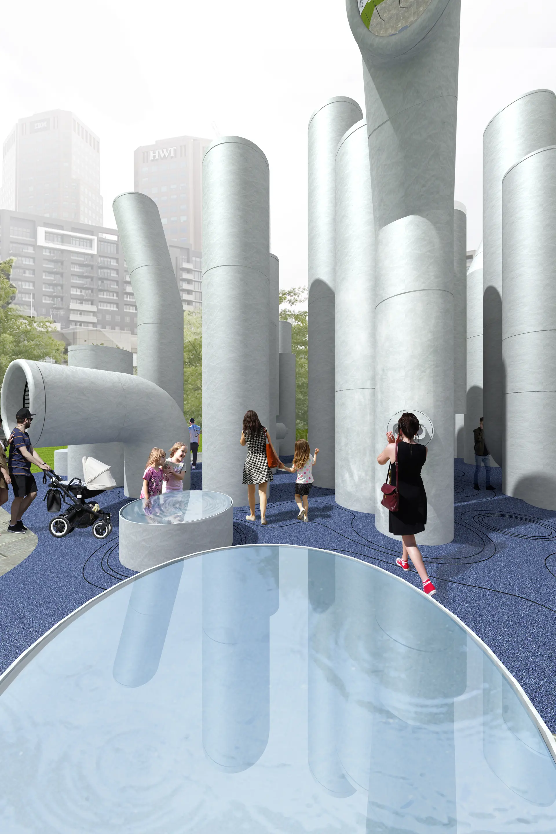 An architectural rendering of a vibrant urban play space featuring an installation of oversized, grey concrete-look pipes arranged vertically and horizontally. Water pools in some of the low level pipes, and neighbouring skyscrapers can be seen in the distance.