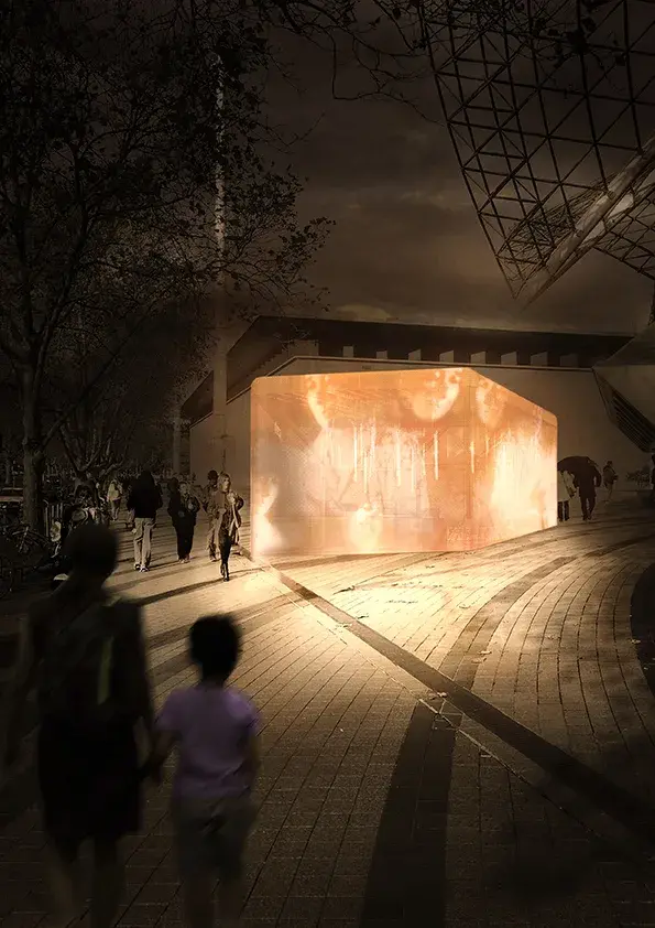 An architectural rendering of the Protagonist cafe at night, showing the bronze Kaynemaile mesh curtain lowered to the ground to form a translucent, glowing box.