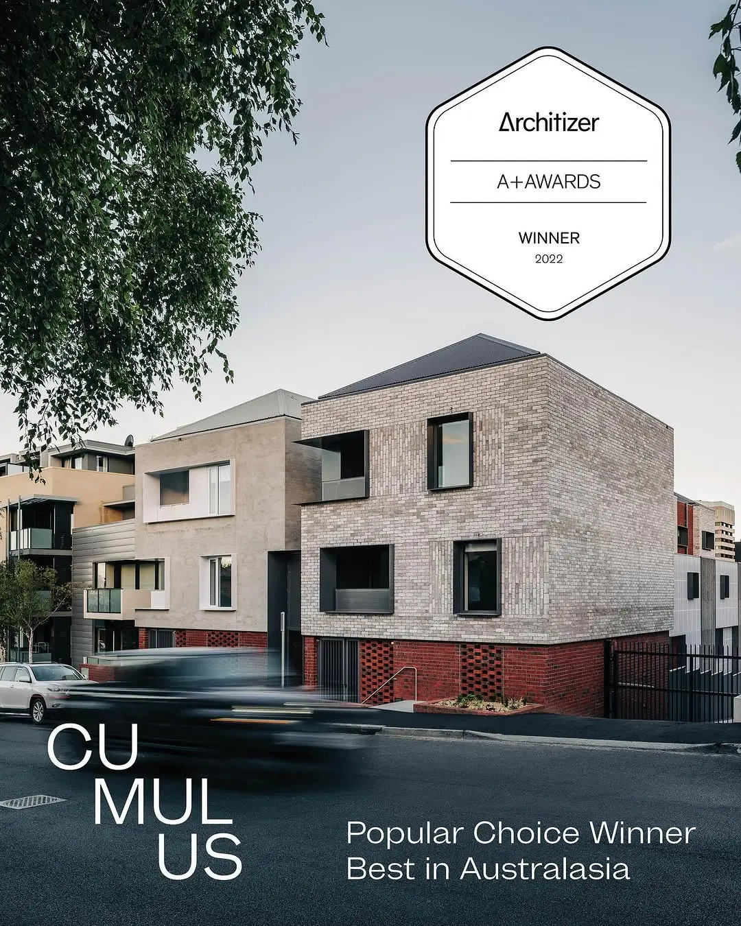 Cumulus winning an A+ Award through 2022 Architizer for the Goulburn Street apartments.