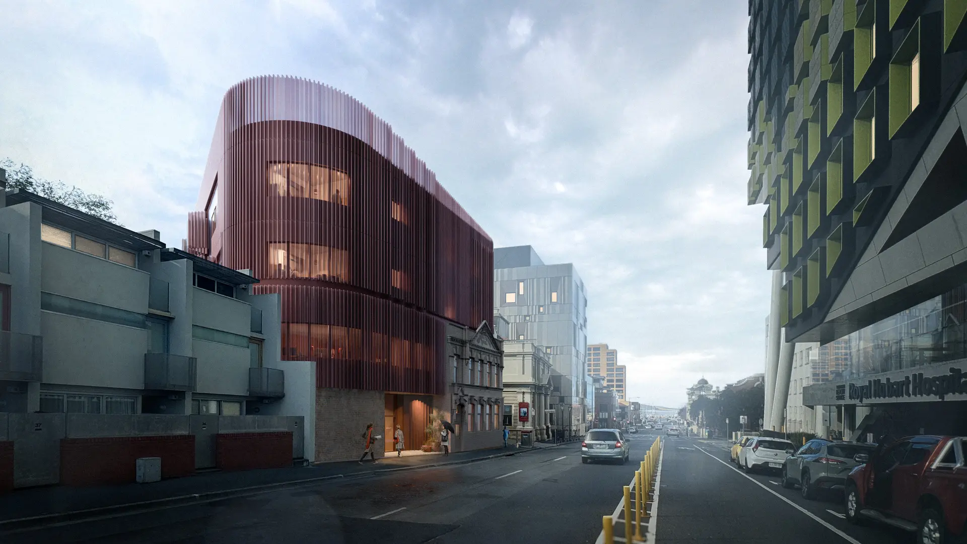 A street-level architectural rendering of the new SHE Wellness Centre with its curved red-slatted facade sitting above a historic stone building.