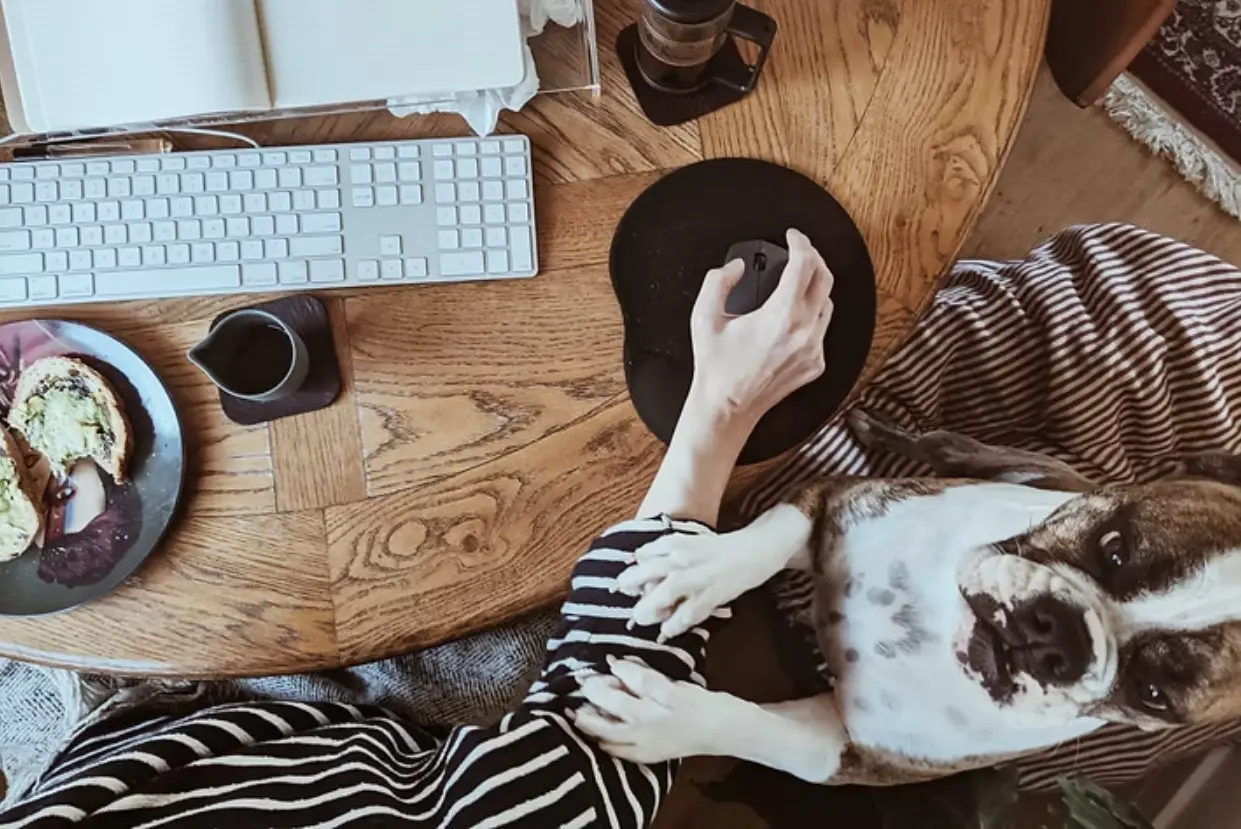 Top-down view of a team members home workspace with a keyboard, coffee and pastry on a wooden table, as their dog rests its paws on a their lap.