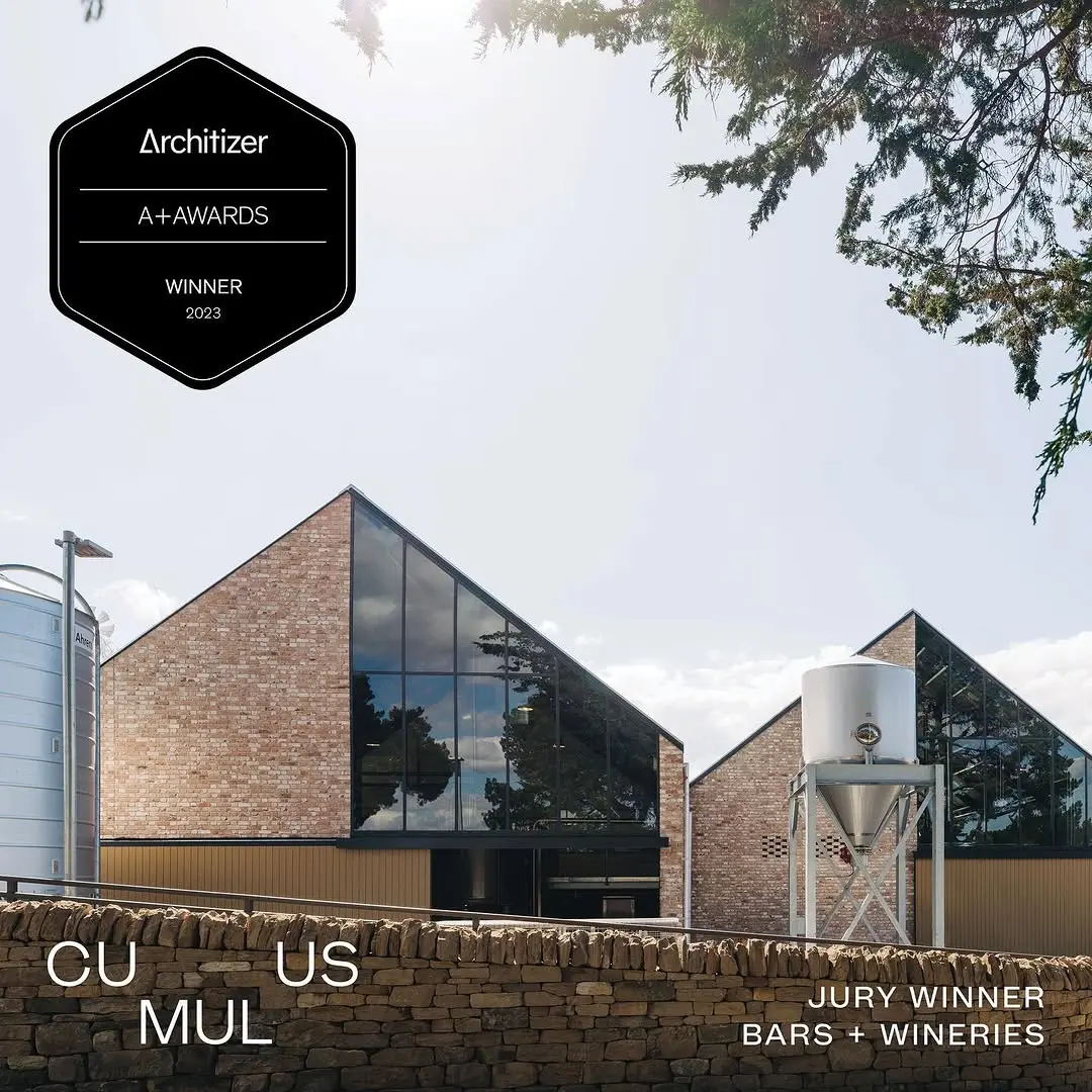 An external image of Callington Mill, overlayed with the Architizer A+ Awards Winner branding for the Jury Winner and Bars + Wineries category.