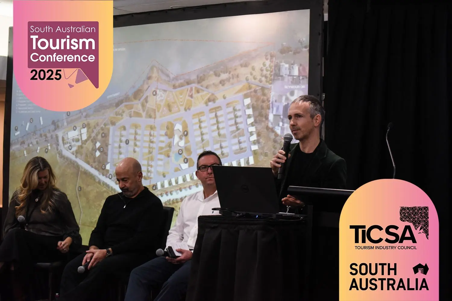 Another angle ofJet speaking at the South Australian Tourism Conference.