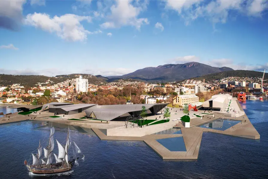 Aerial render of our Castray Point redevelopment proposal, showing angular, contemporary buildings extending into Hobart’s waterfront, with stepped public promenades, landscaped terraces, and public open air pools.