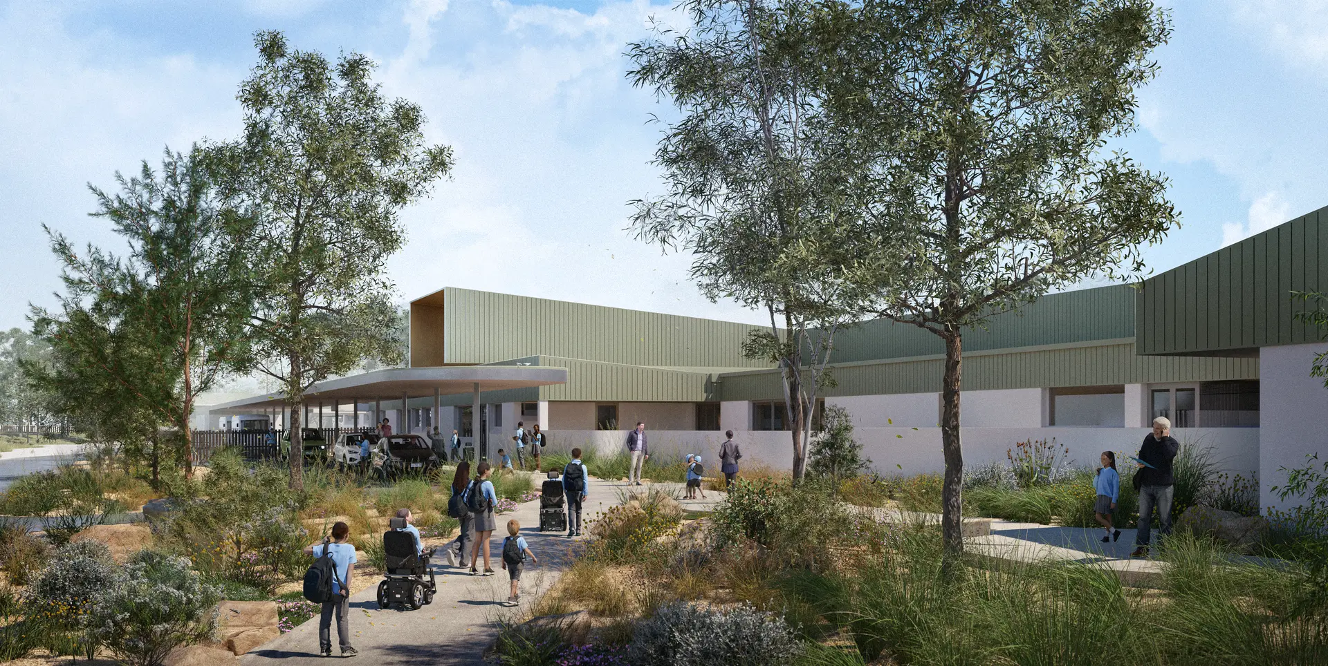 Architectural render of the North West Support School Devonport Campus entrance. Students, including wheelchair users, walk along an accessible path through native landscaping toward a covered entry. The building features a green metal roof, light rendered walls, and a timber-lined canopy. Eucalyptus trees and native grasses frame the foreground.