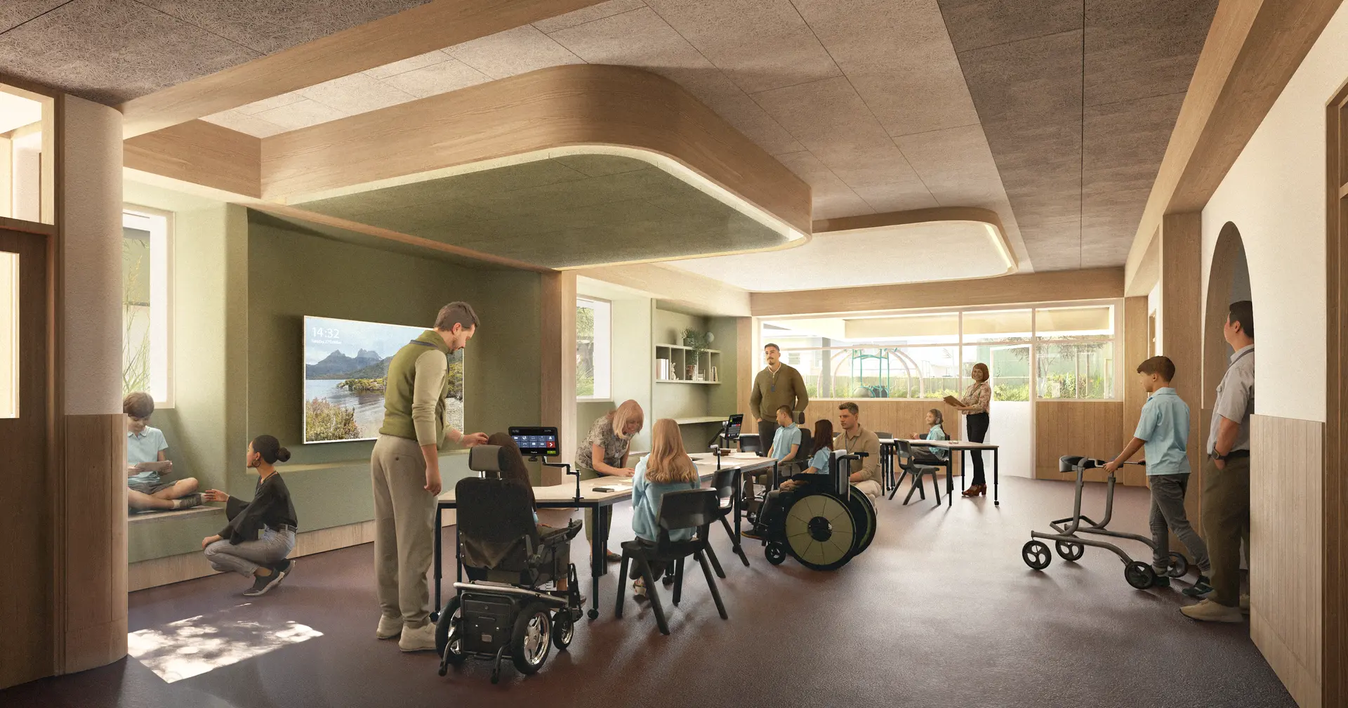 Architectural render of a general learning area at the North West Support School Devonport Campus. Students, including wheelchair and mobility aid users, engage in classroom activities alongside staff. The space features warm timber ceiling elements, a curved acoustic panel, sage green walls, built-in joinery, and large windows overlooking an outdoor garden area.