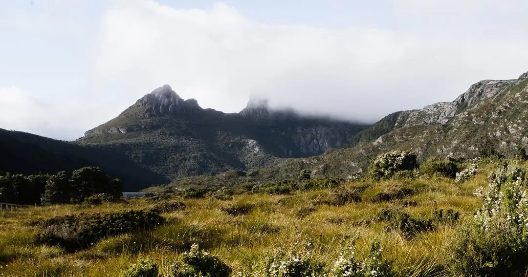 A long, shrouded building is tucked into a vast alpine landscape of rolling grassy plains and dense shrubbery, set against a backdrop of mist-covered mountain peaks.