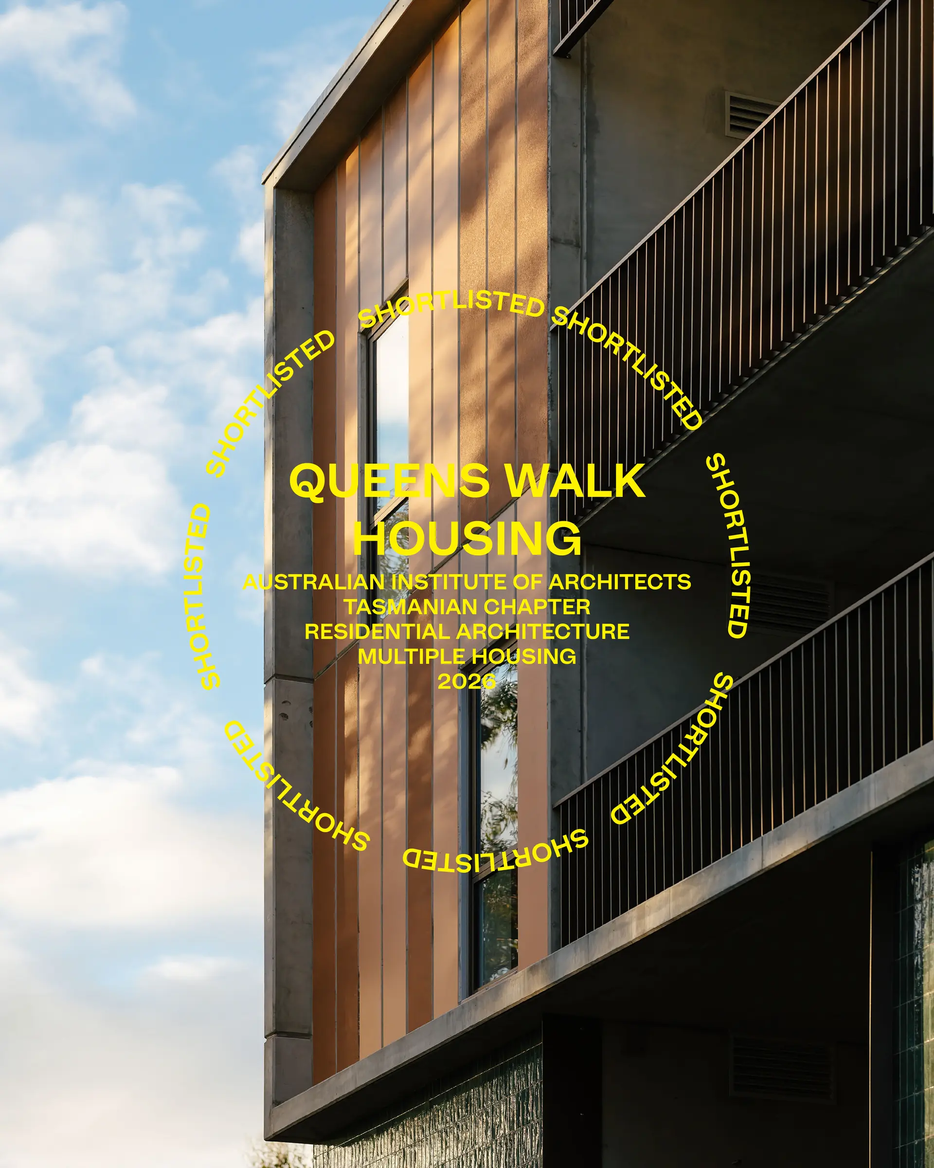 Queens Walk Housing, 65 affordable housing apartments has been shortlisted in the Residential Architecture - Multiple Housing category of the Australian Institute of Architects 2026 Tasmanian Chapter Awards.