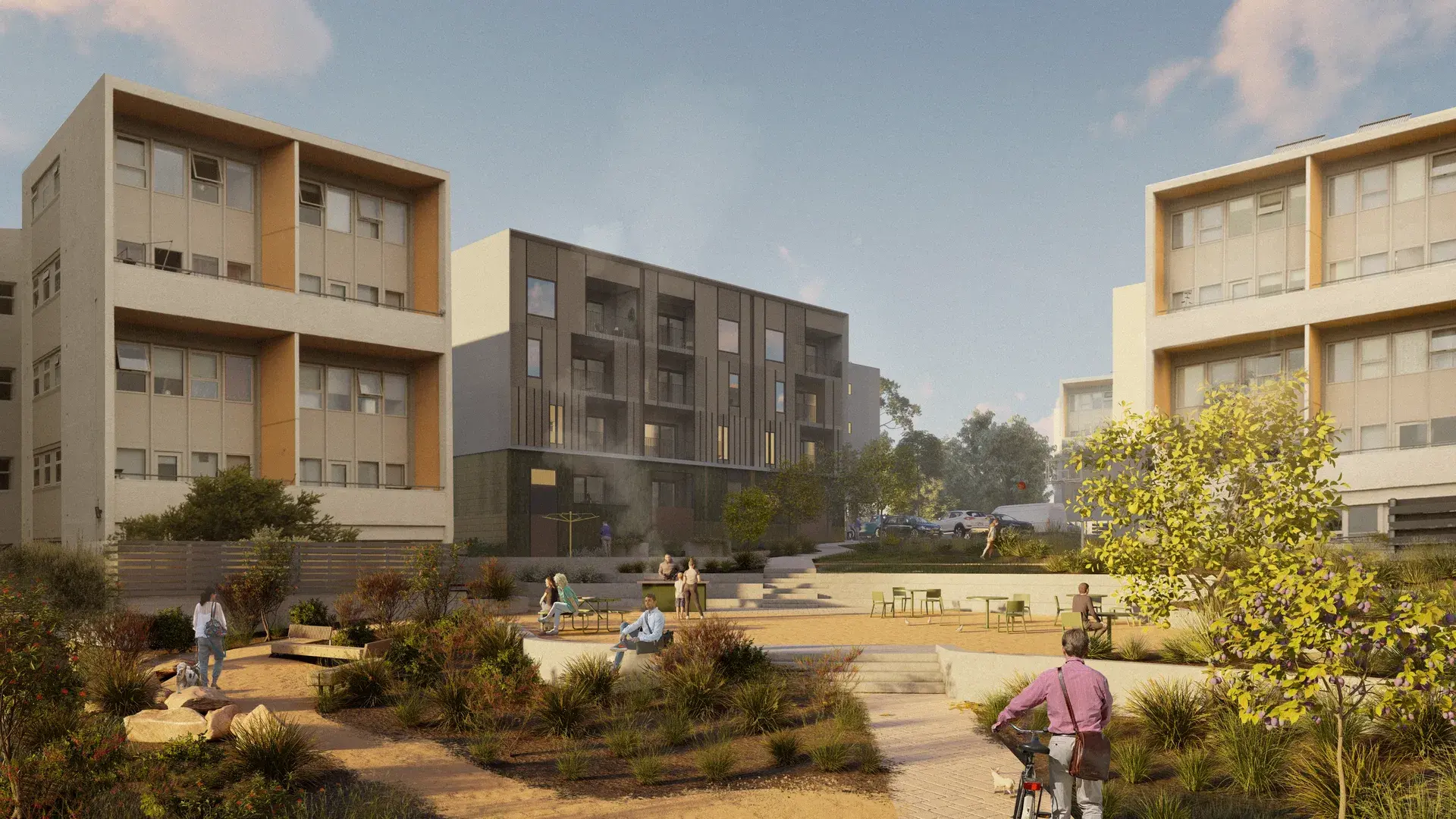 An architectural rendering of the new Queens Walk housing centred around a tiered communal courtyard.