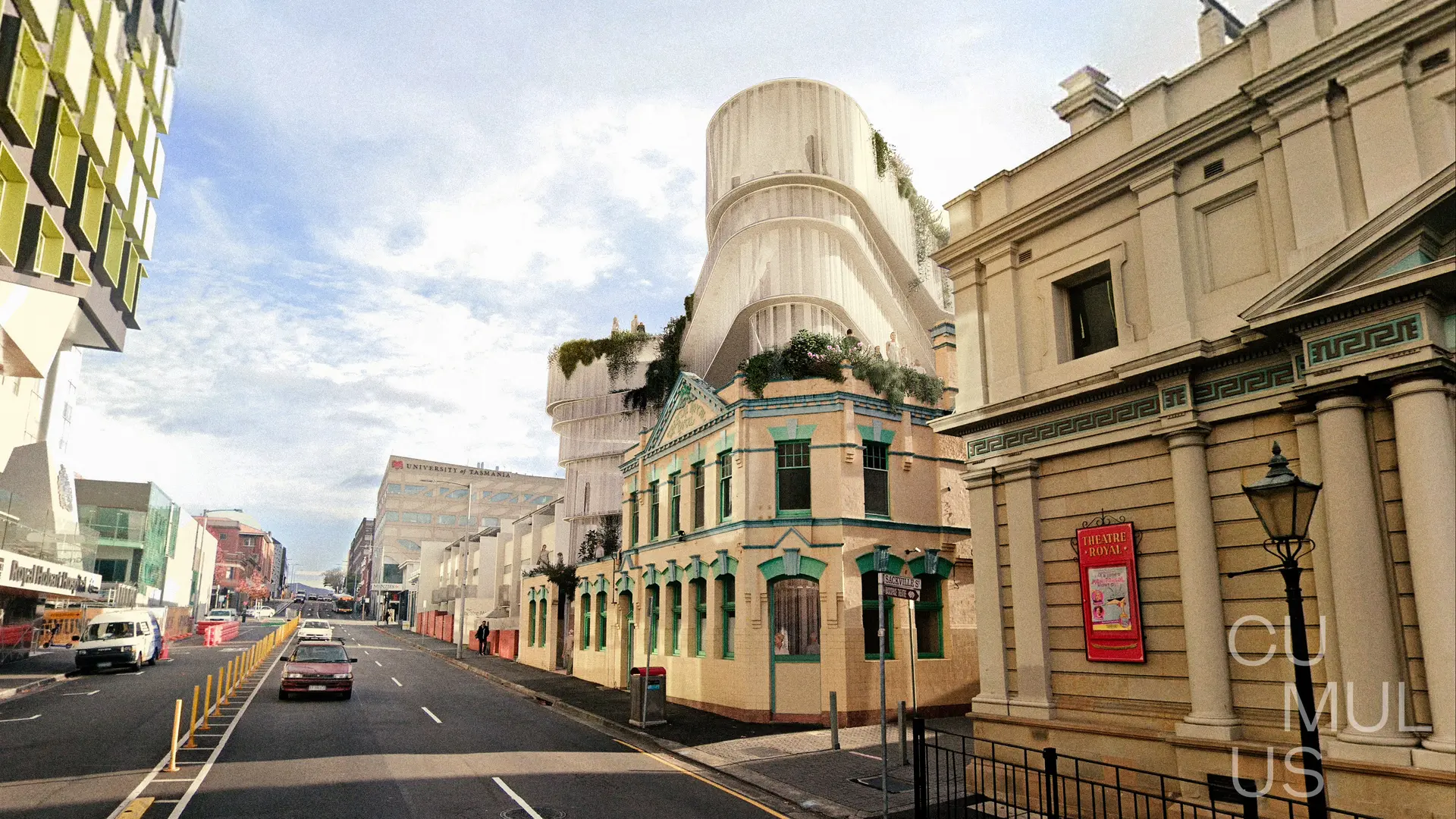 A conceptual architectural visualisation in Hobart: a translucent, fluid "ghost" extension with cascading greenery rises above a historic two-story building, adding density while maintaining a lightweight, ethereal contrast to the heavy masonry of the original heritage structure.