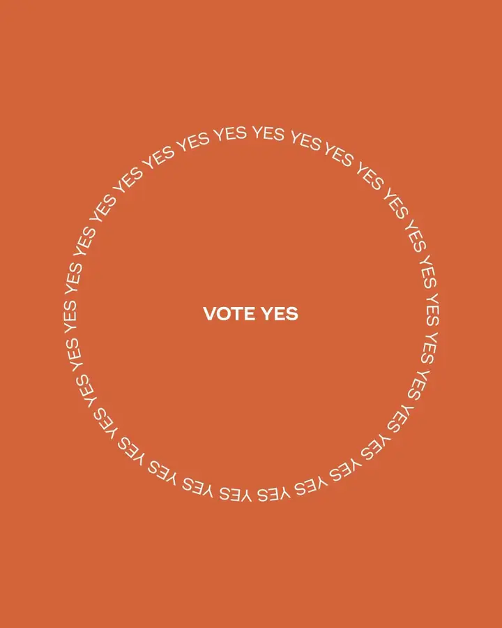 An image that encourages people to vote yes for the Uluru Statement of the Hearts invitation to 'walk together'.