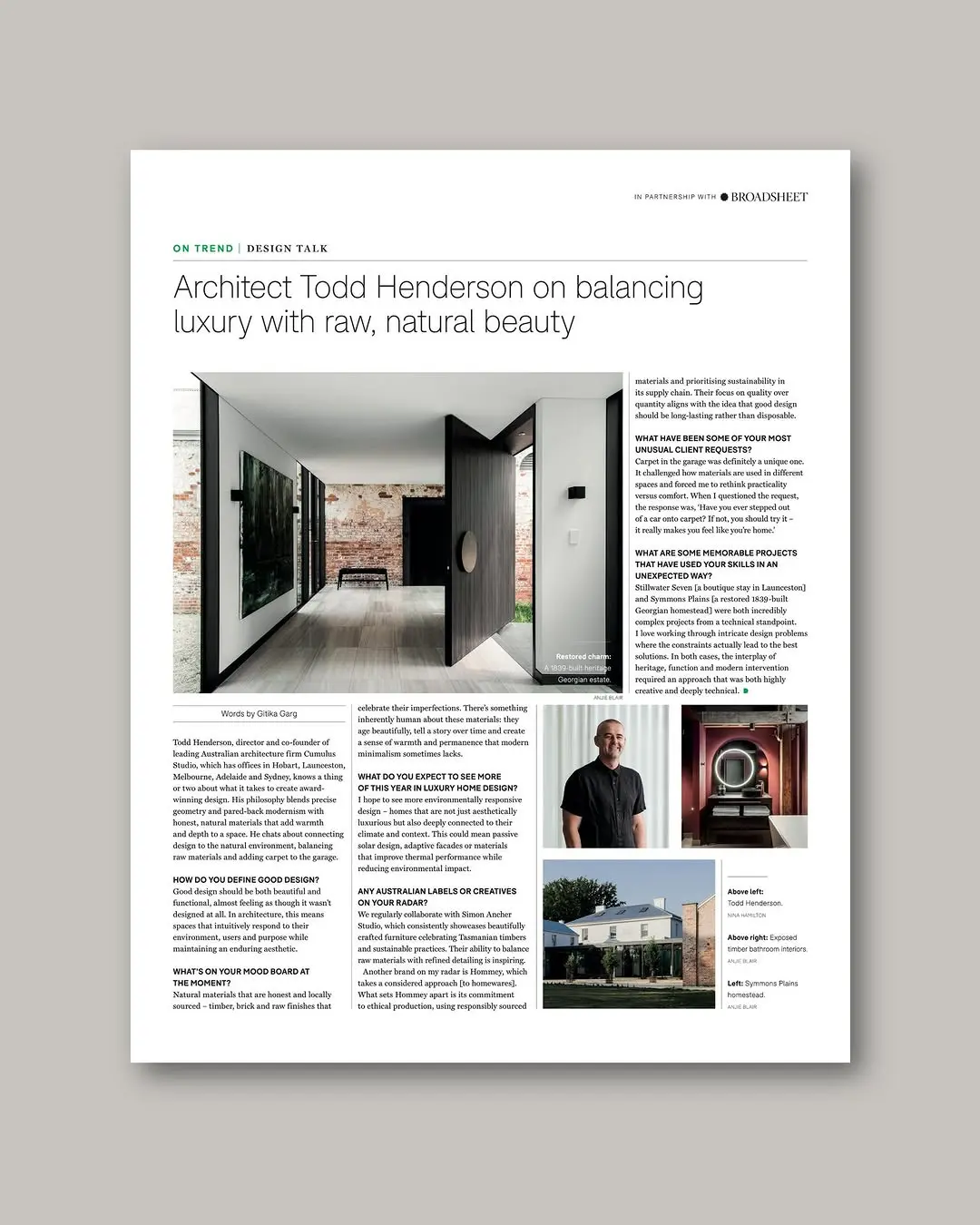 An interview article from BROADSHEET featuring architect Todd Henderson of Cumulus Studio, discussing his design philosophy of "balancing luxury with raw, natural beauty".