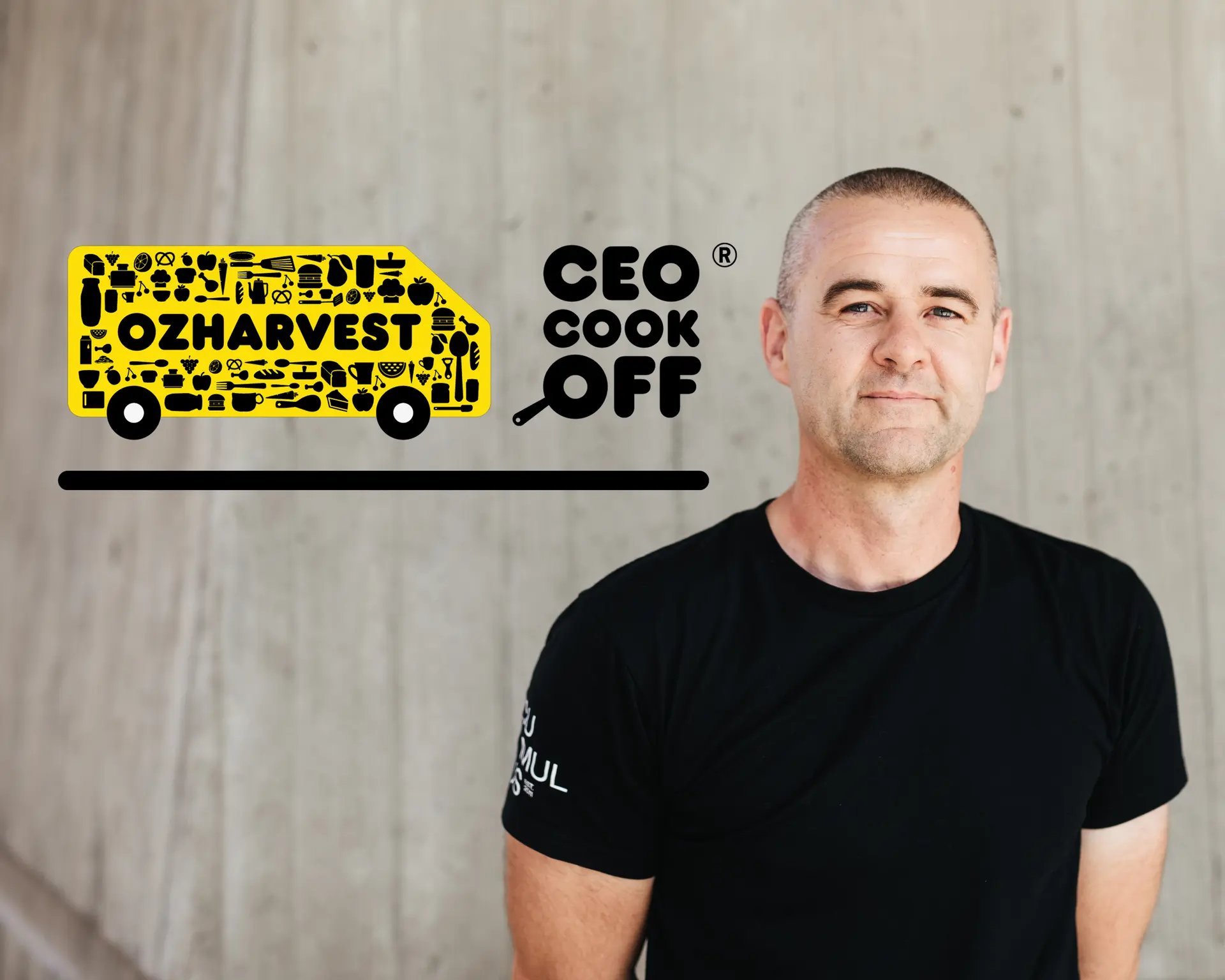 A portrait of Todd Henderson with text overlayed promoting OzHarvest's CEO CookOff.