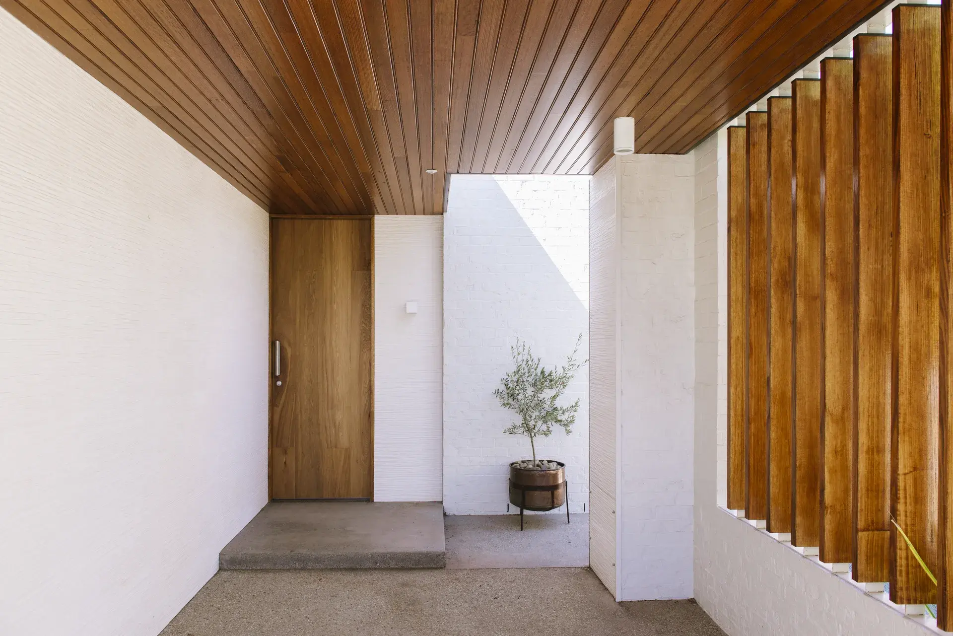 The entry sequence is framed by textured white masonry walls and a concrete floor, with a warm timber front door set beneath a timber-lined ceiling. Vertical timber battens filter light and views, creating a layered threshold.