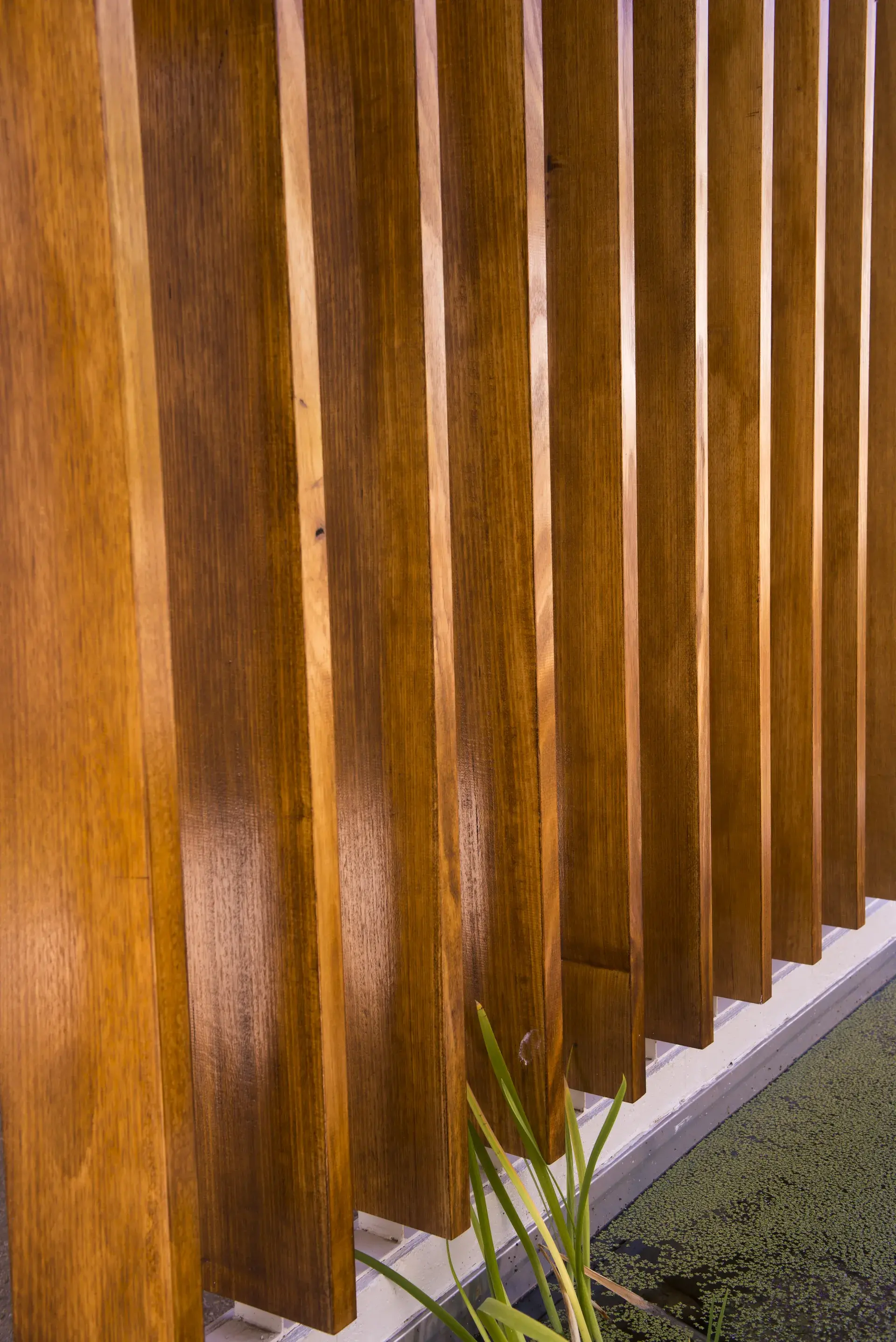 A close-up view of vertical timber battens forming a permeable screen, mediating privacy, light, and ventilation while adding texture and rhythm to the space.