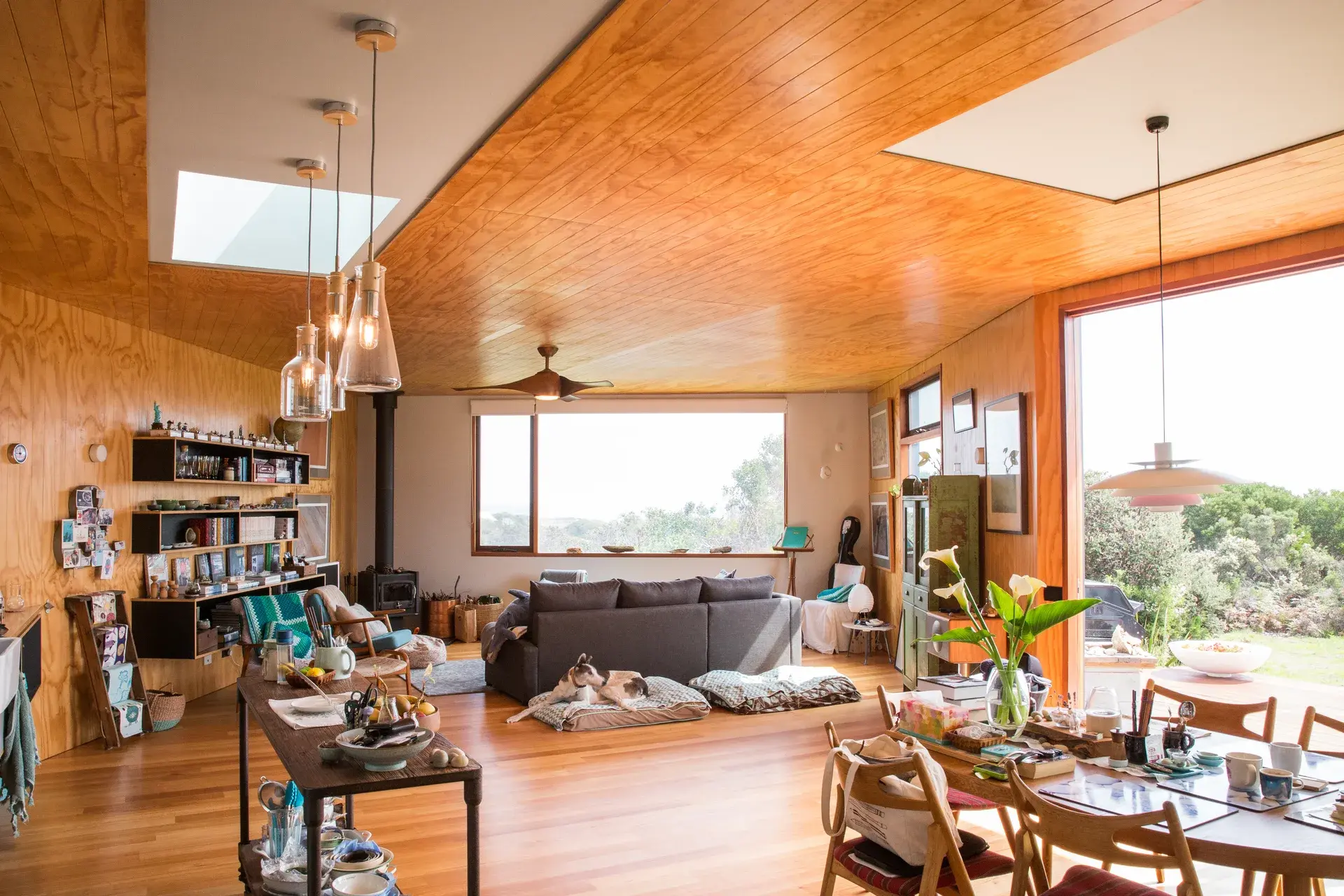 A photograph of the open-plan living area with views out across the coastal scrub to Bass Strait.