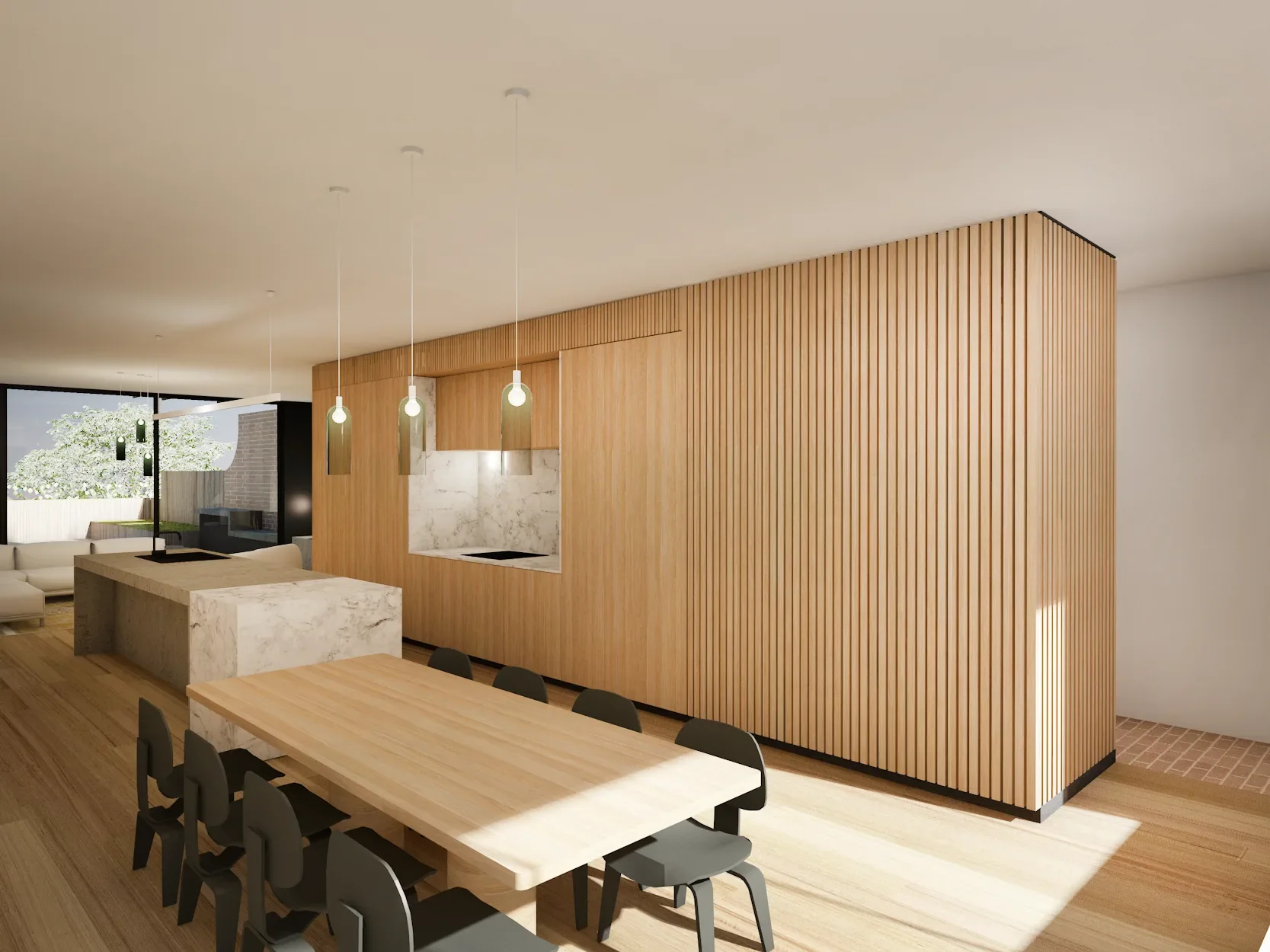 An interior view shows a warm, open-plan kitchen and dining space organised around a central timber joinery block. Vertical timber battens wrap the volume, concealing storage and a hidden pantry, while a stone island bench and pendant lighting define the kitchen zone.