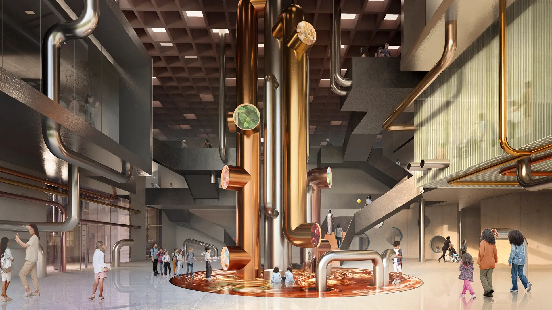 An illustration showing visitors within the triple height main entry space.