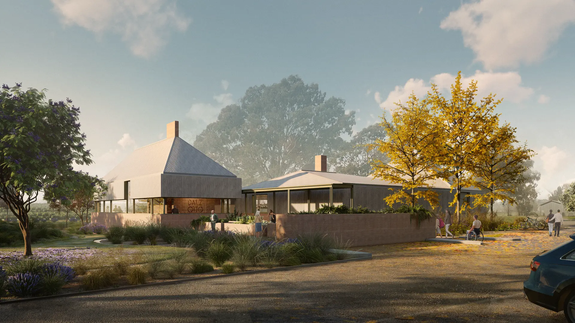 Rendered image showing the view of the proposed building from the driveway.