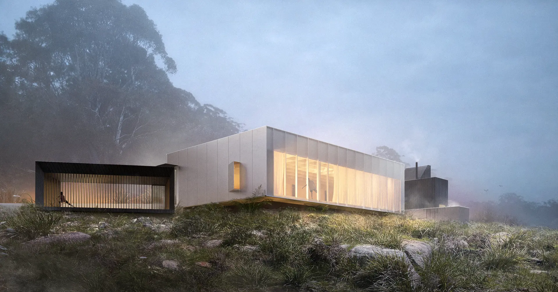 A refined glass and light brushed steel yoga studio pavilion is raised above the ground on a concrete plinth, revealing silhouettes of members within. Adjacent, a dark timber yoga deck semi-enclosed with vertical battens bridges between openness and retreat.