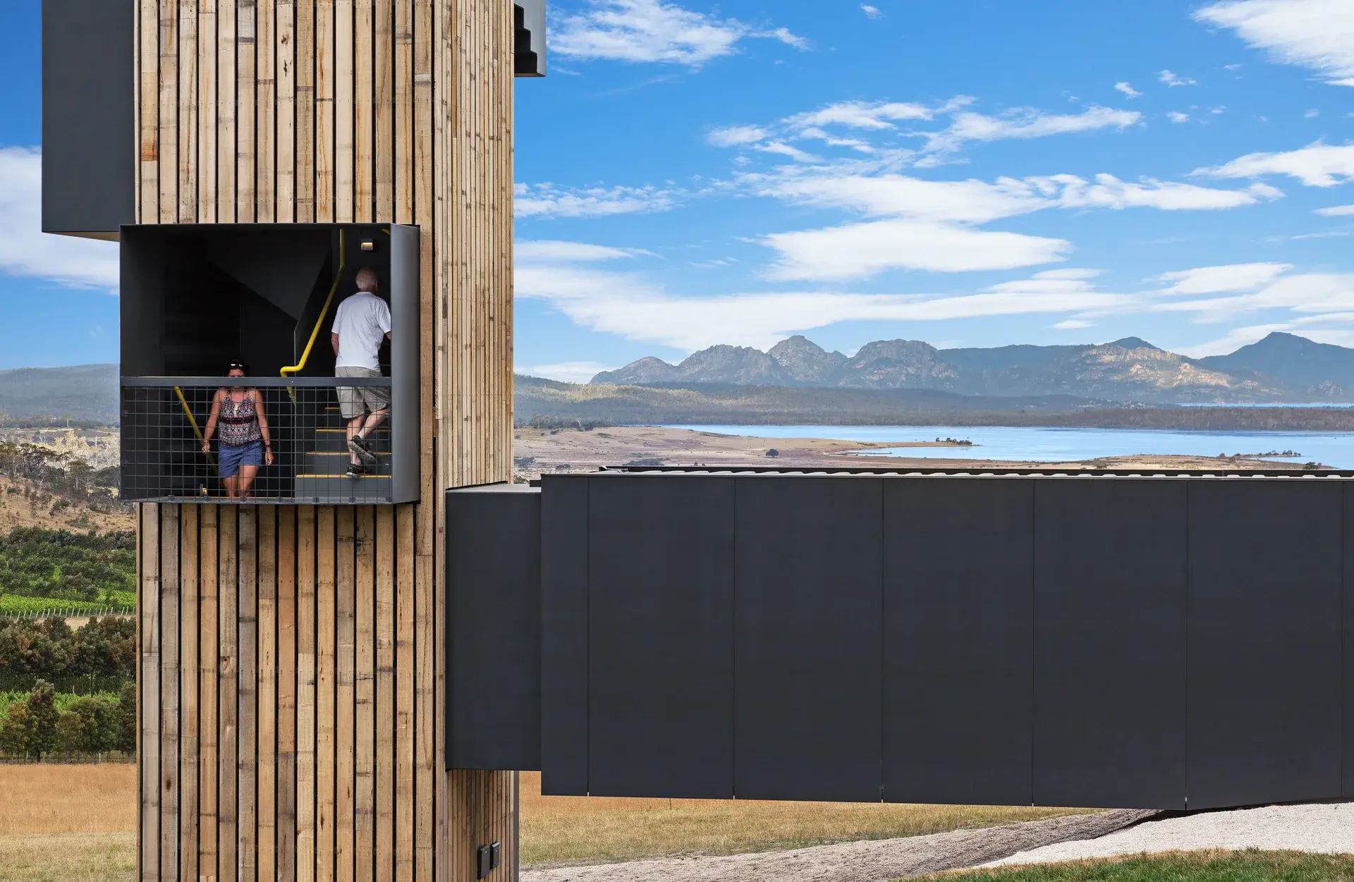 Visitors climb an outdoor staircase within a vertical timber tower that connects to a cantilevered black structure, offering panoramic views of a lake and distant mountain range.