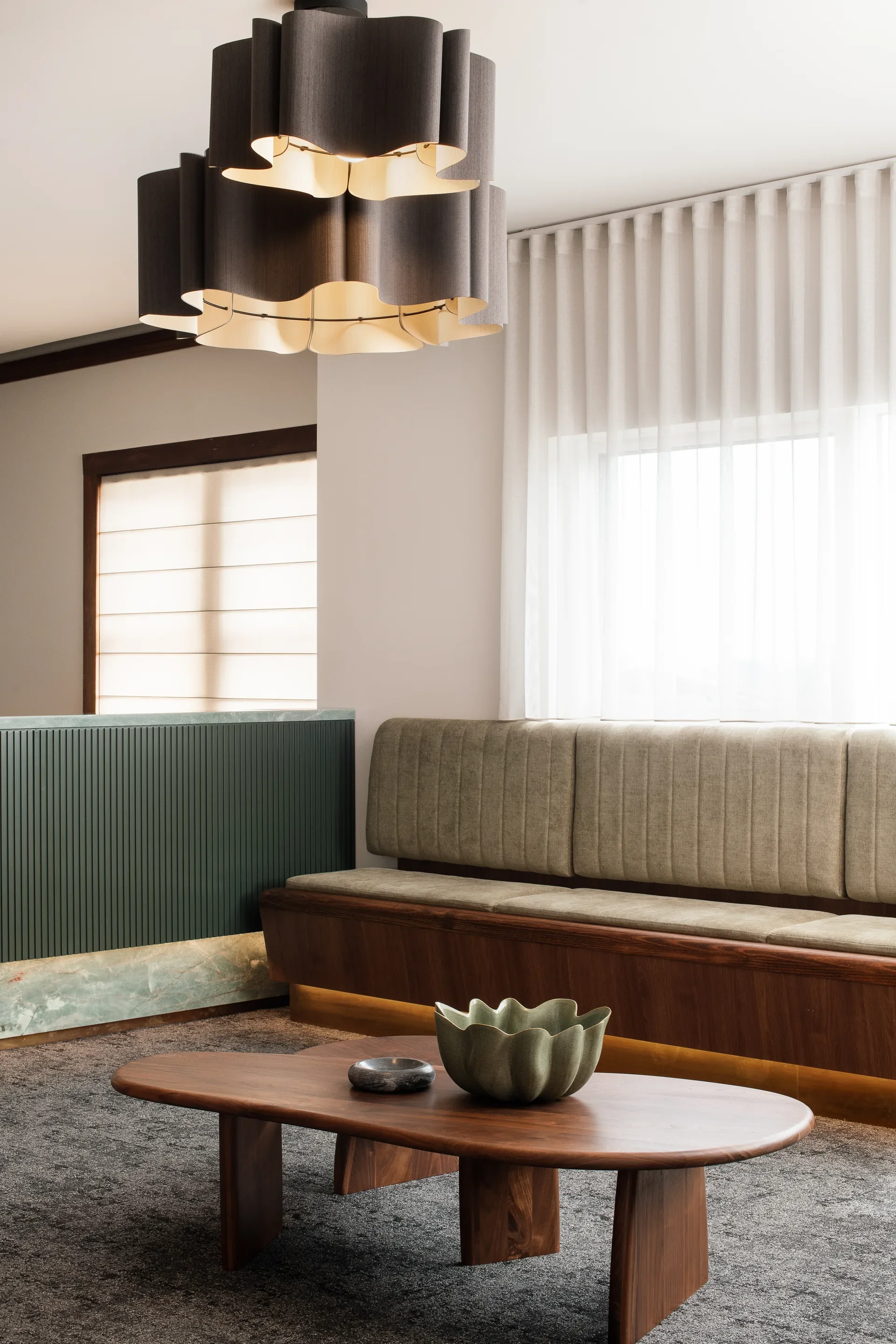 The muted tones of the waiting room interior.