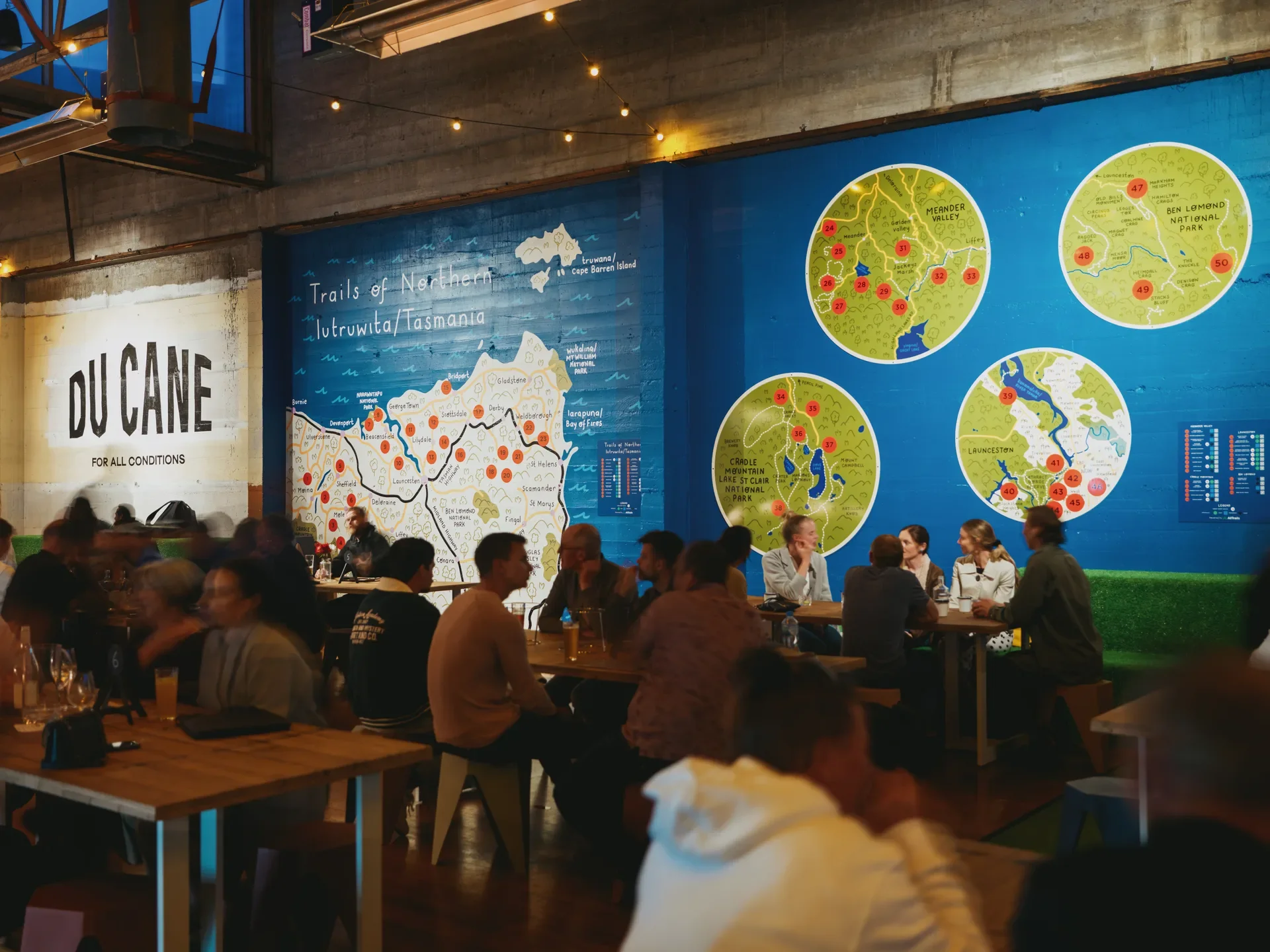 People sit at wooden tables in front of a blue wall featuring large circular maps and a "Trails of Northern lutruwita/Tasmania" mural. To the left, a white wall displays the "DU CANE" logo above a bustling seating area.