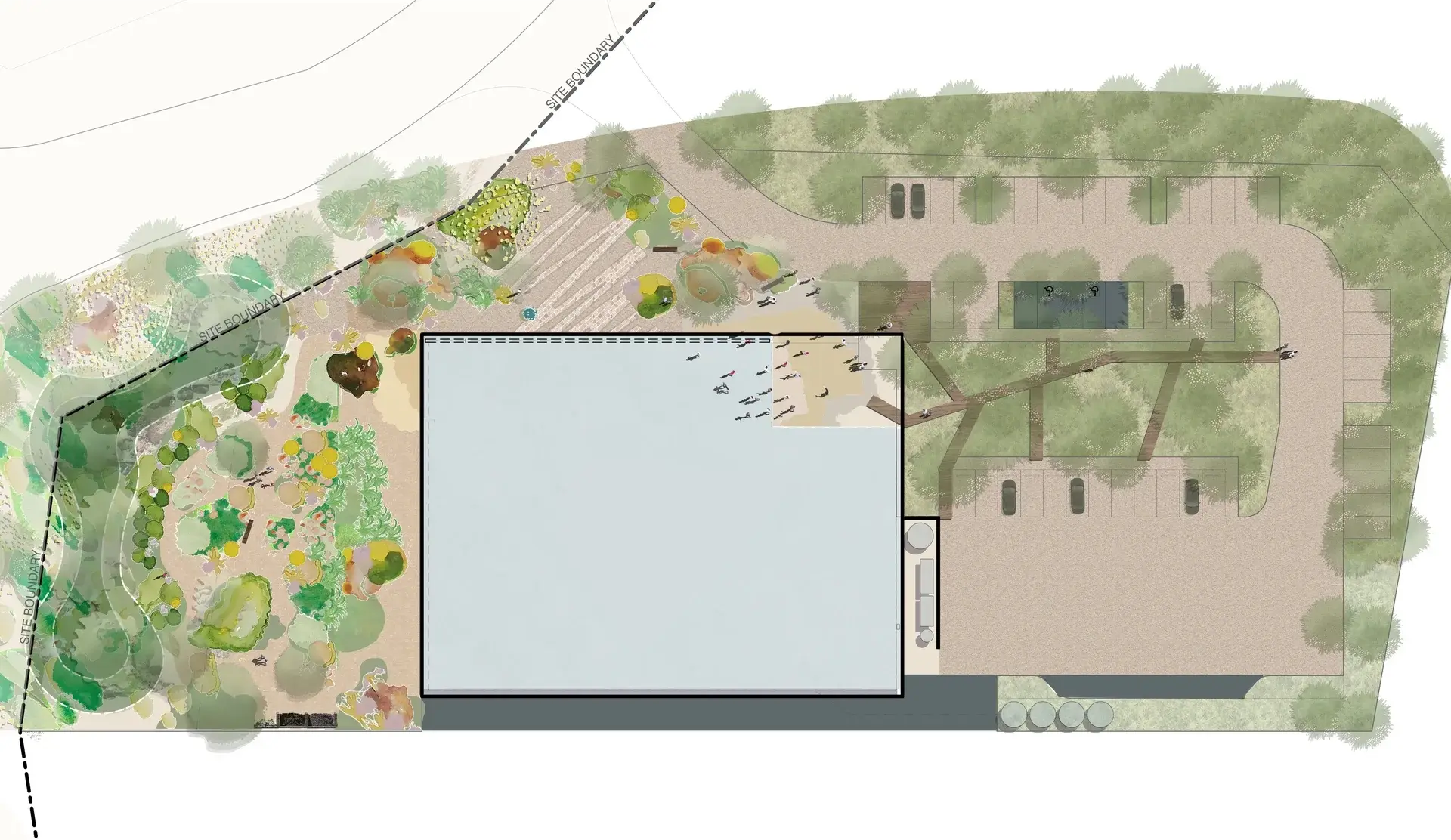 An overhead site plan displays a large rectangular building, a parking area with cars, and winding paths through landscaped gardens. Dashed lines mark the "SITE BOUNDARY" around the various tree clusters and facilities.