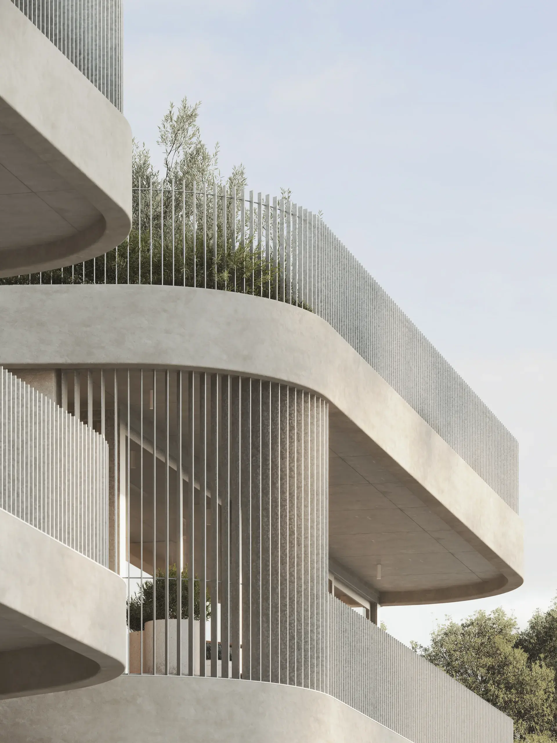 A close-up render of the façade, emphasising the smooth curvature of concrete slab edges, slender vertical balustrades and recessed balcony zones. Planter boxes are integrated into the edge condition, softening the architecture with low shrubs and native planting.