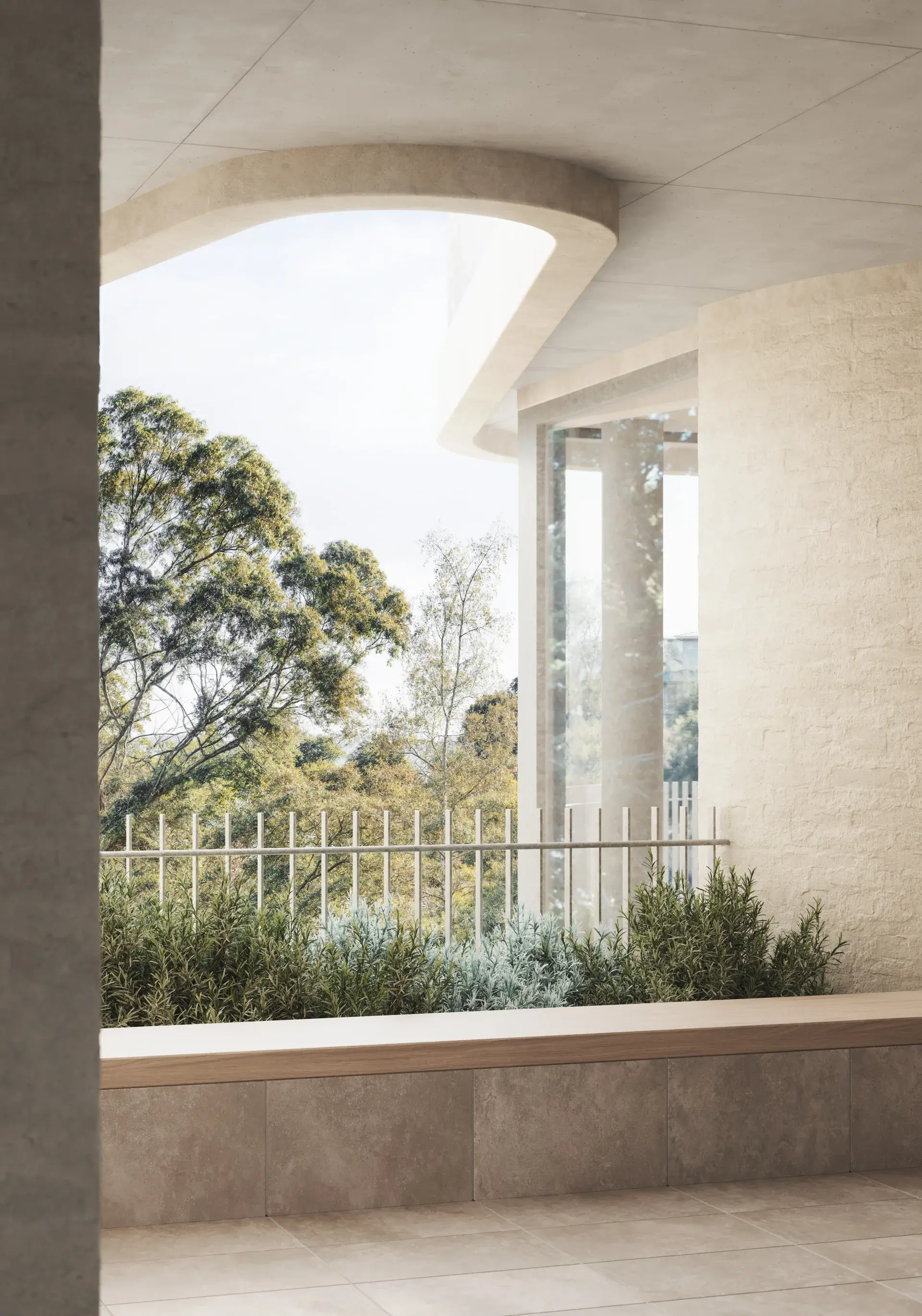 An architectural detail render from a sheltered terrace, with curved concrete soffits and textured masonry walls framing a planted edge behind vertical balustrades. The material palette of stone, concrete and soft planting is layered to create a quiet, enclosed outdoor room.
